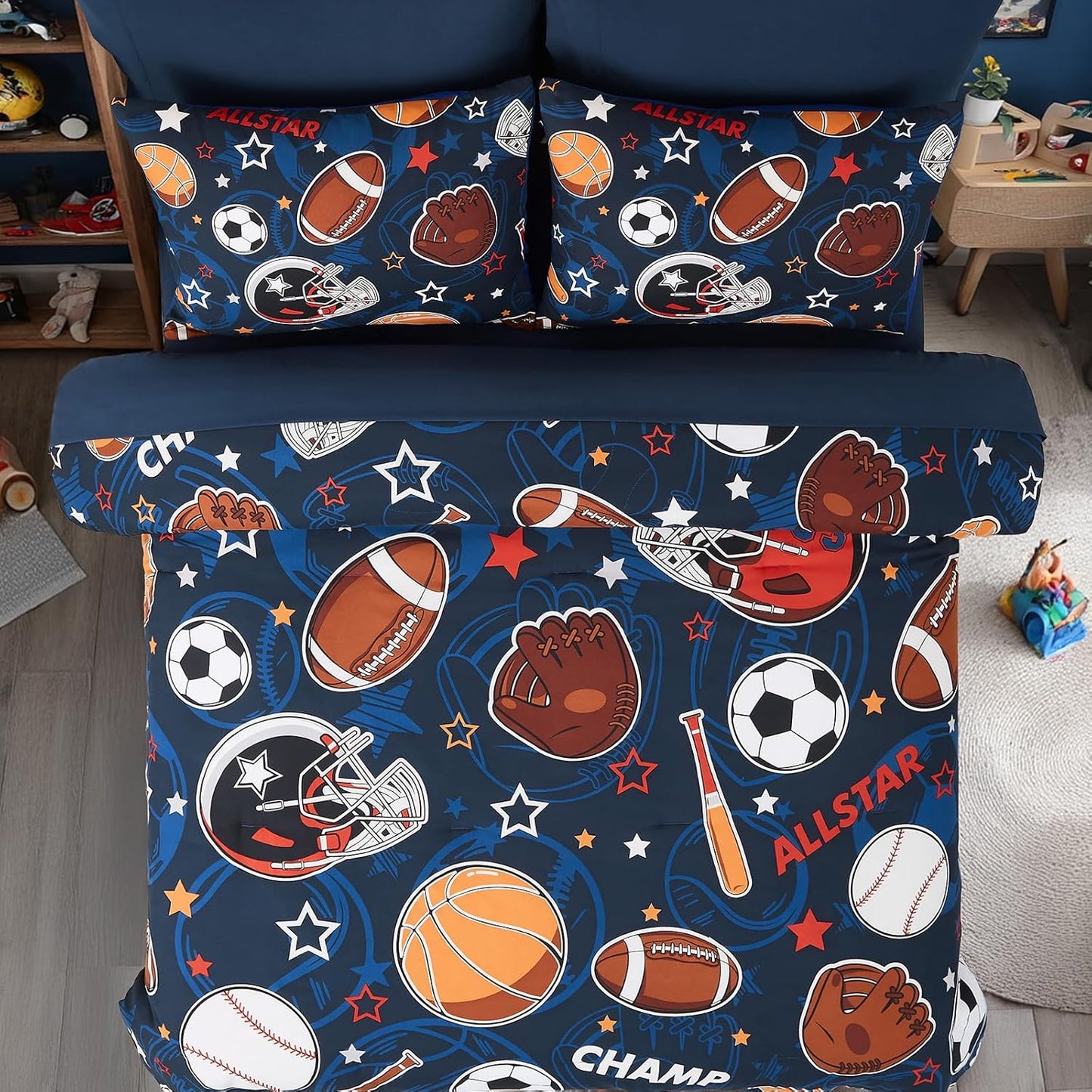 Full Size Comforter Set for Boys-7 Pieces Sports Ball Games Glow in The Dark Full Bedding Sets for Kids, Ultra Soft Bed in A Bag with Sheets