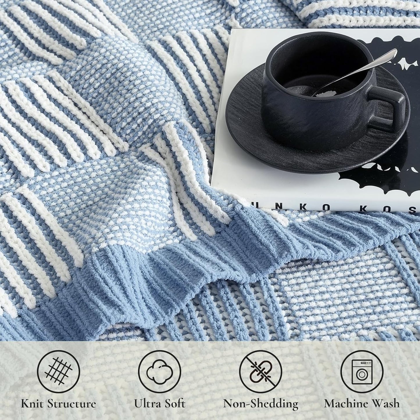 Amélie Home Checkered Knit Throw Blanket for Couch, Chenille Texture Decorative Soft Blanket for Sofa & Chair, 50"x60", Blue & White