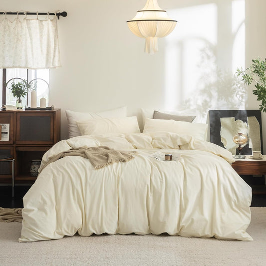 FOSSA Duvet Cover Set 100% Washed Cotton Linen Feel Super Soft Breathable Cozy 3 Pieces Bedding Sets Solid Cream White Super Queen
