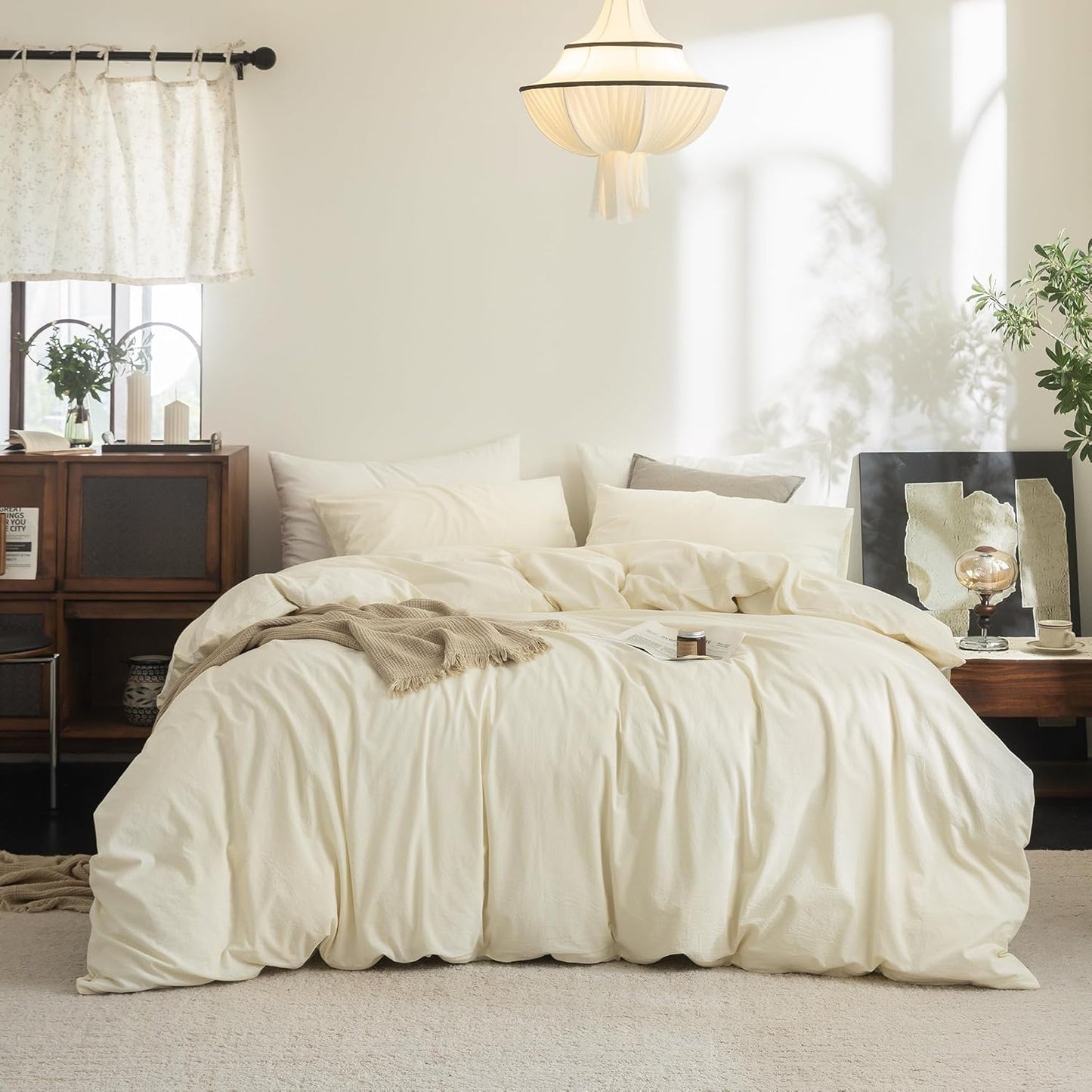 FOSSA Duvet Cover Set 100% Washed Cotton Linen Feel Super Soft Breathable Cozy 3 Pieces Bedding Sets Solid Cream White California King