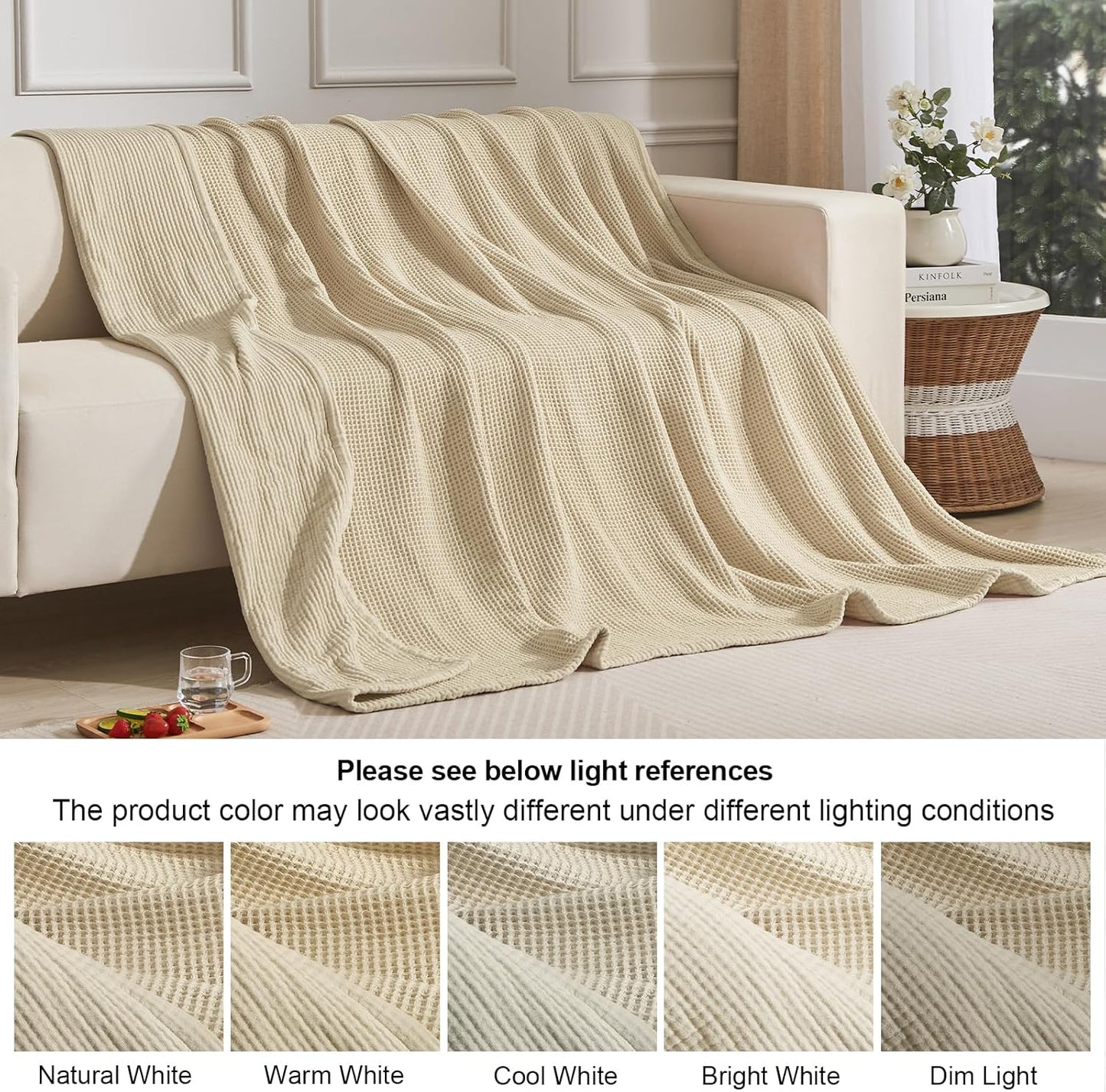 PHF 100% Cotton Waffle & Muslin Blanket Twin Size, Soft Breathable Luxury 400GSM Versatile Reversible Bedding for Bed, Great for Layering in Cold Weather, Home Decor Gift, 66" x 90", French Oak