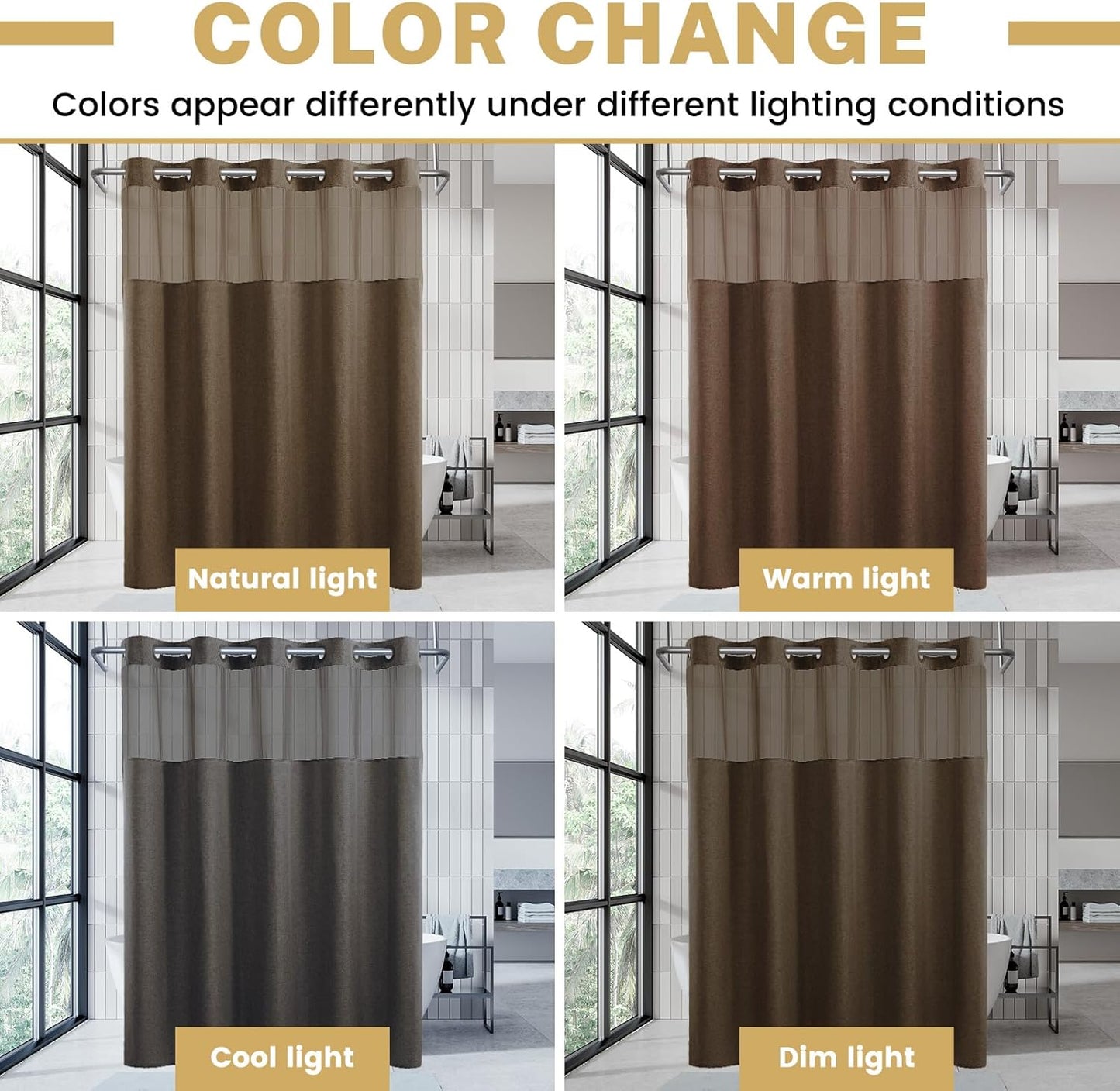 No Hook Brown Shower Curtain and Liner, Linen-Look Polyester Textured Shower Curtain with Snap in Liner, Waterproof & Washable Bath Curtains for Bathroom, 71Wx74H