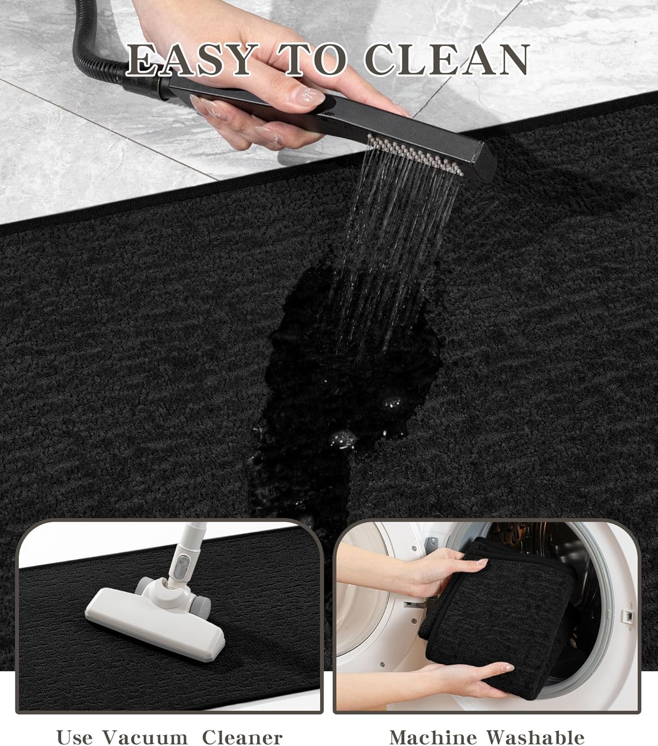 chakme Bathroom Rug Sets 5 Piece, Ultra Thin Bath Mat Quick Dry, Absorbent, Non Slip, Machine Washable, Black