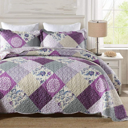 ENJOHOS Purple Patchwork Quilt Queen Size, 3Pc Floral Plaid Queen Bedspread Coverlet Set for All Seasons, Soft Reversible Microfiber Lightweight Bed Cover