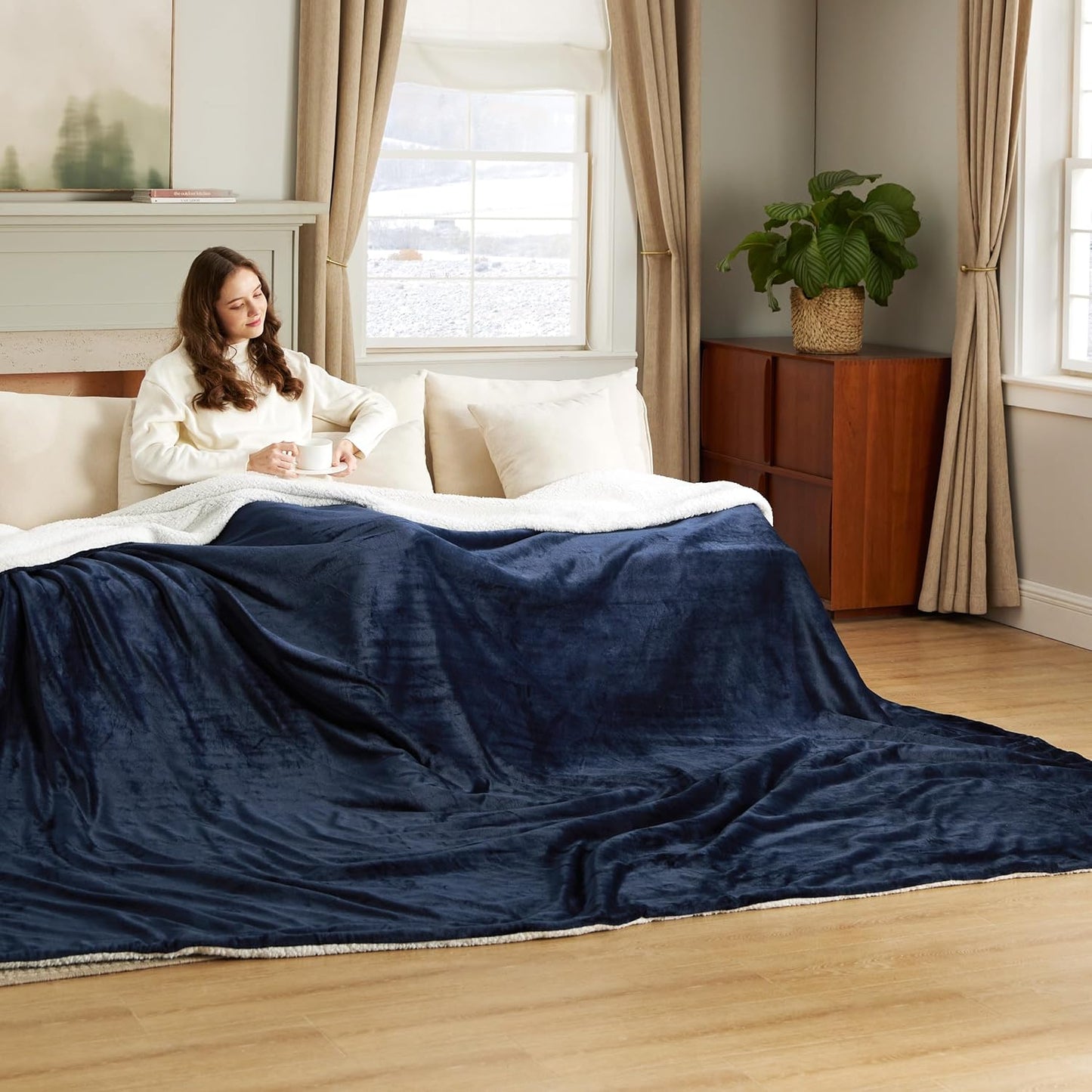 Bedsure GentleSoft Sherpa Fleece Oversized Cal King Blankets for Bed - Thick and Warm Throw for Women and Men, Soft Fuzzy Plush Large Blanket for Winter, Navy, 112x98 Inches