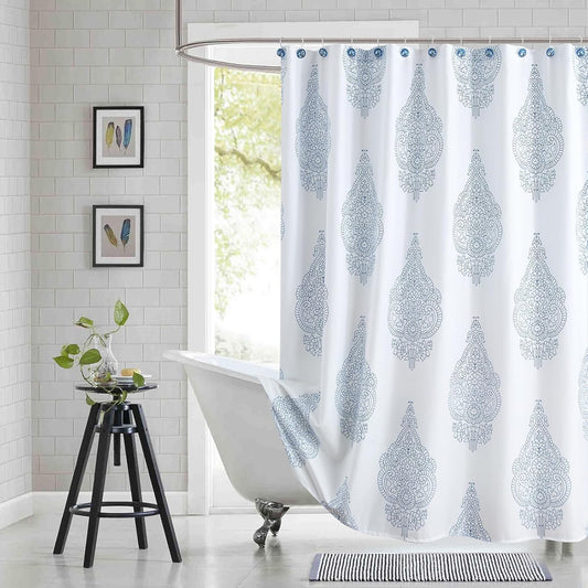 90 Inch Fabric Shower Curtain, Extra Long White and Blue Paisley Damask Medallion Print Shower Curtains for Bathroom, 72" W x 90" H