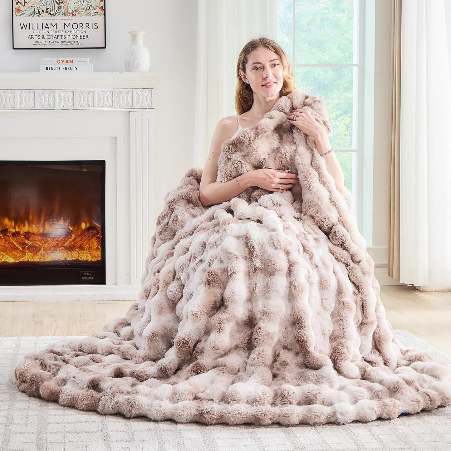 Fluffy Faux Rabbit Fur Throw Blanket - Soft Plush Luxury Bubble Blanket for Couch, Bed (Twin Size 60''x80'', Tie-Dyed Beige)