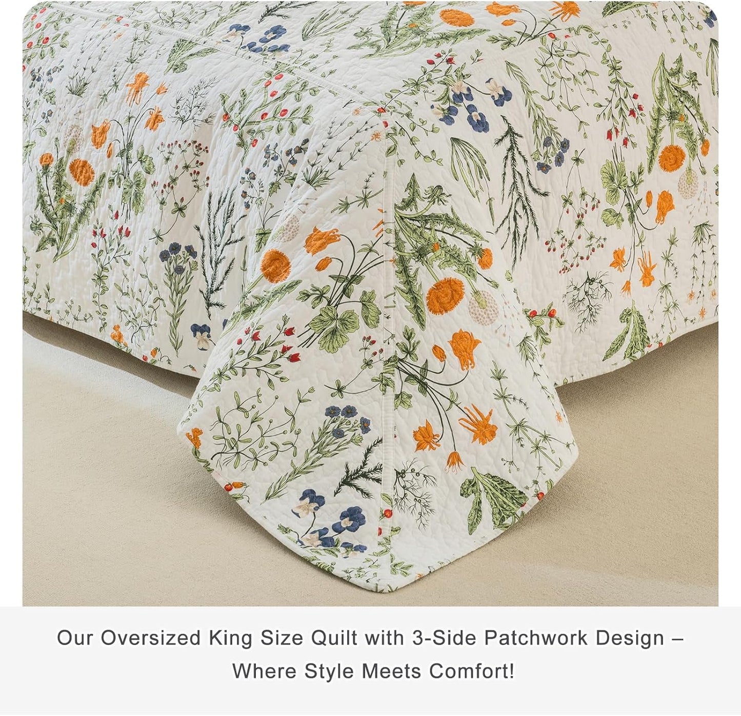 Lady Ann 100% Cotton Floral Cal King Quilt Set - Yellow Flowers & Leaves Pattern Plant Botanical Printed Quilted 118x106 Bedspread & Coverlet Set, 3 PCS Lightweight Queen Bedding Sets All Season