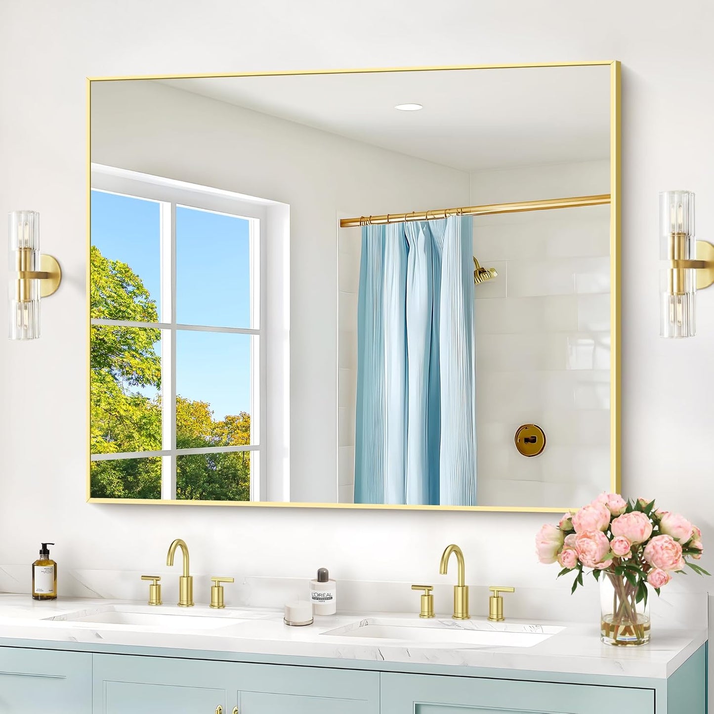 40x48inch Gold Bathroom Mirror, Silver Rectangle Mirror with Frame, Large Rectangular Wall Mirrors for Bathroom, Living Room, Hair Salon, Big Farmhouse Mirror Hang Horizontal/Vertical