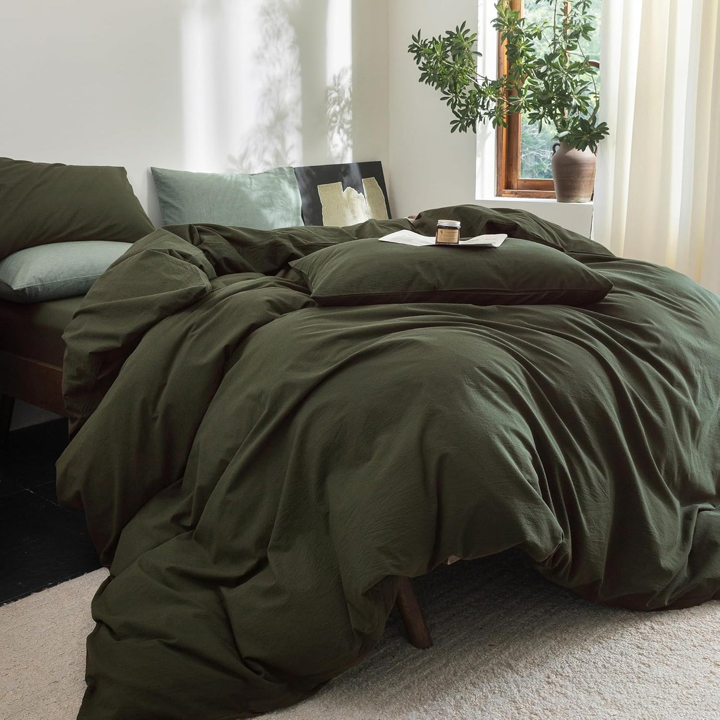 FOSSA Duvet Cover Set 100% Washed Cotton Linen Feel Super Soft Breathable Cozy 3 Pieces Bedding Sets Solid Olive Green Super Queen