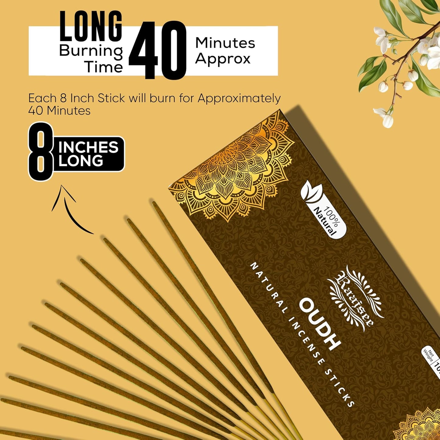 Pure Oud Agarwood Incense Sticks, 100%-Natural Charcoal Free Organic Non Toxic Clean Burning Handmade Insence Sticks 100 gm Pack, Raajsee Meditation Gifts – Spritual Cleansing