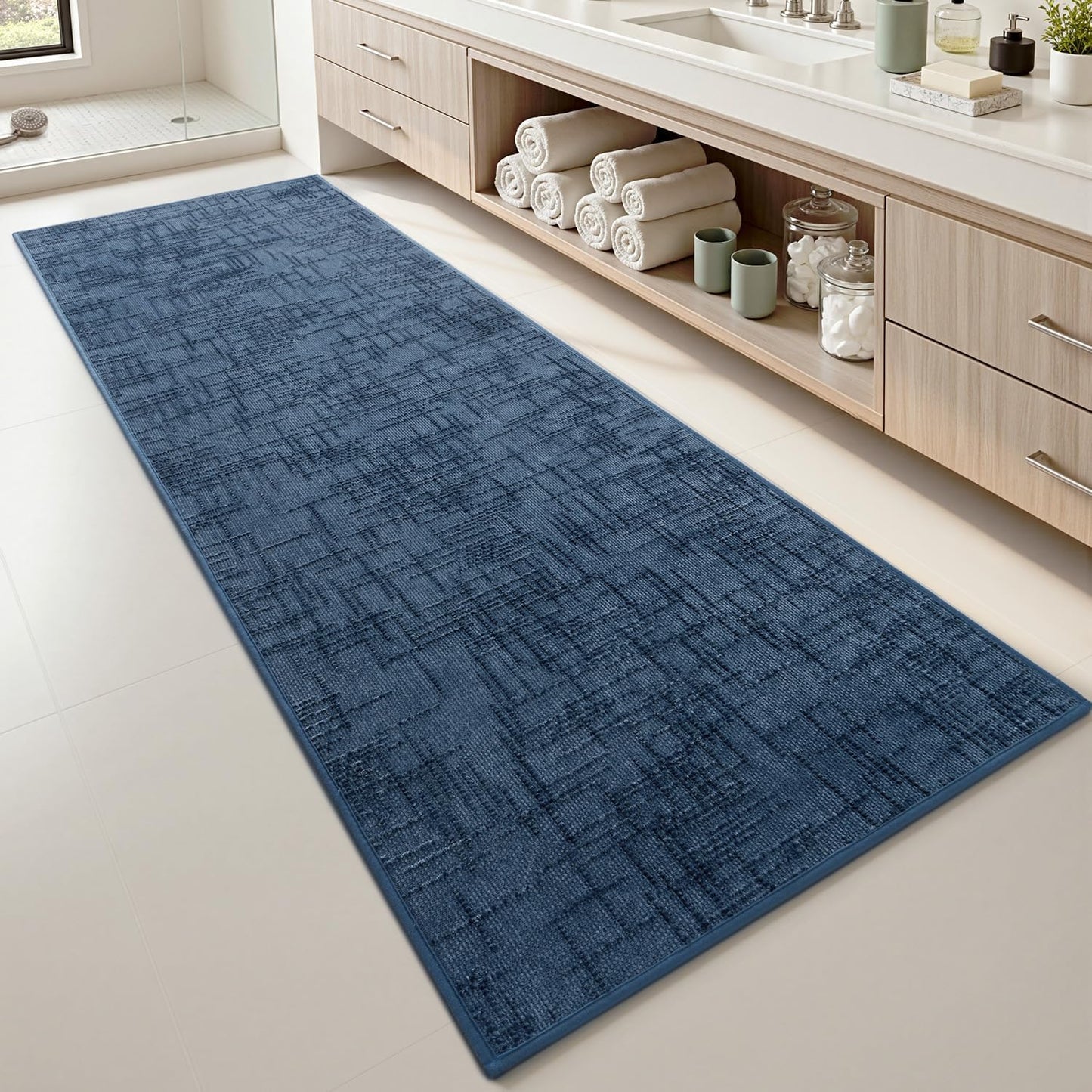 AMOAMI Bath Mat Non Slip Super Absorbent Quick Dry Bath Mats for Bathroom Floor Rubber Backing Washable Bathroom Rugs Modern Woven Jacquard Mat, Beside Tub Bath Rugs, 2' x 6', Blue