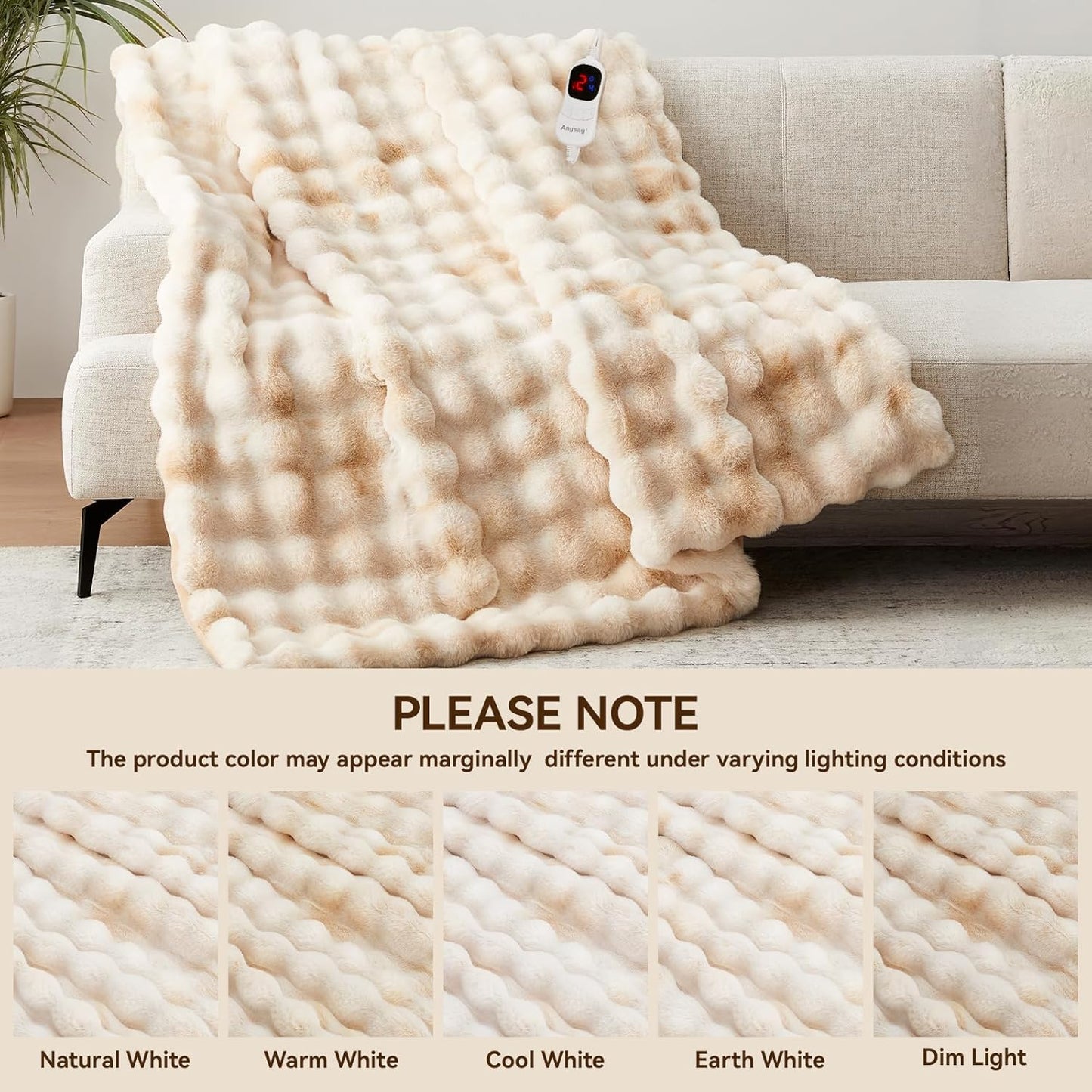 Heated Blanket Full Size with 1/2/4/6/8 Hours Auto-Off 10 Heat Level, 62'' * 84'' Cozy Faux Rabbit Fur Bubble Electric Blanket with Overheat Protection(Tie-Dye Beige)