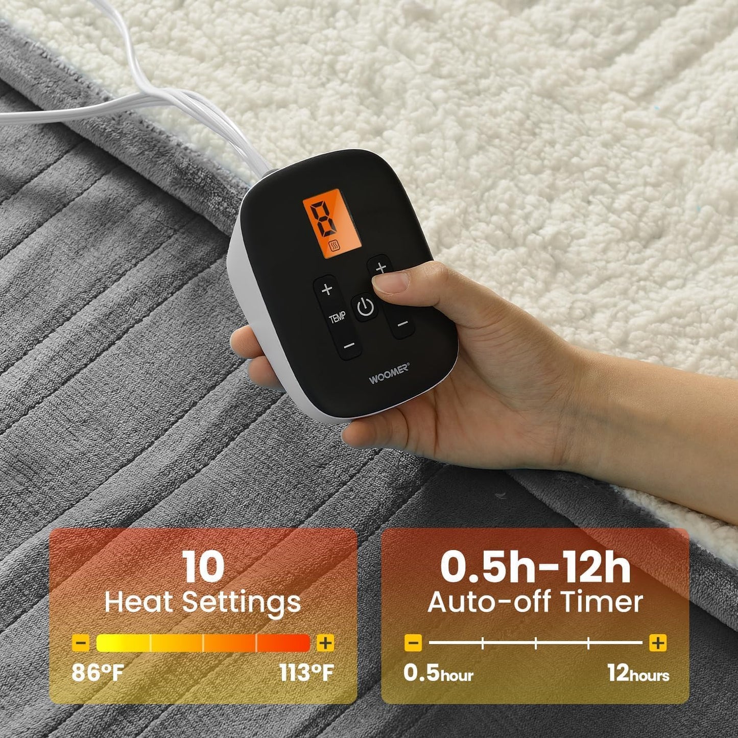 WOOMER [5-Year Warranty Heated Blanket King Size,Durable Flannel and Soft Sherpa,Dual Control,90” × 100” Electric Blanket, 10 Heat Levels&0.5-12h auto-Off, Overheat Protection,Energy Efficient
