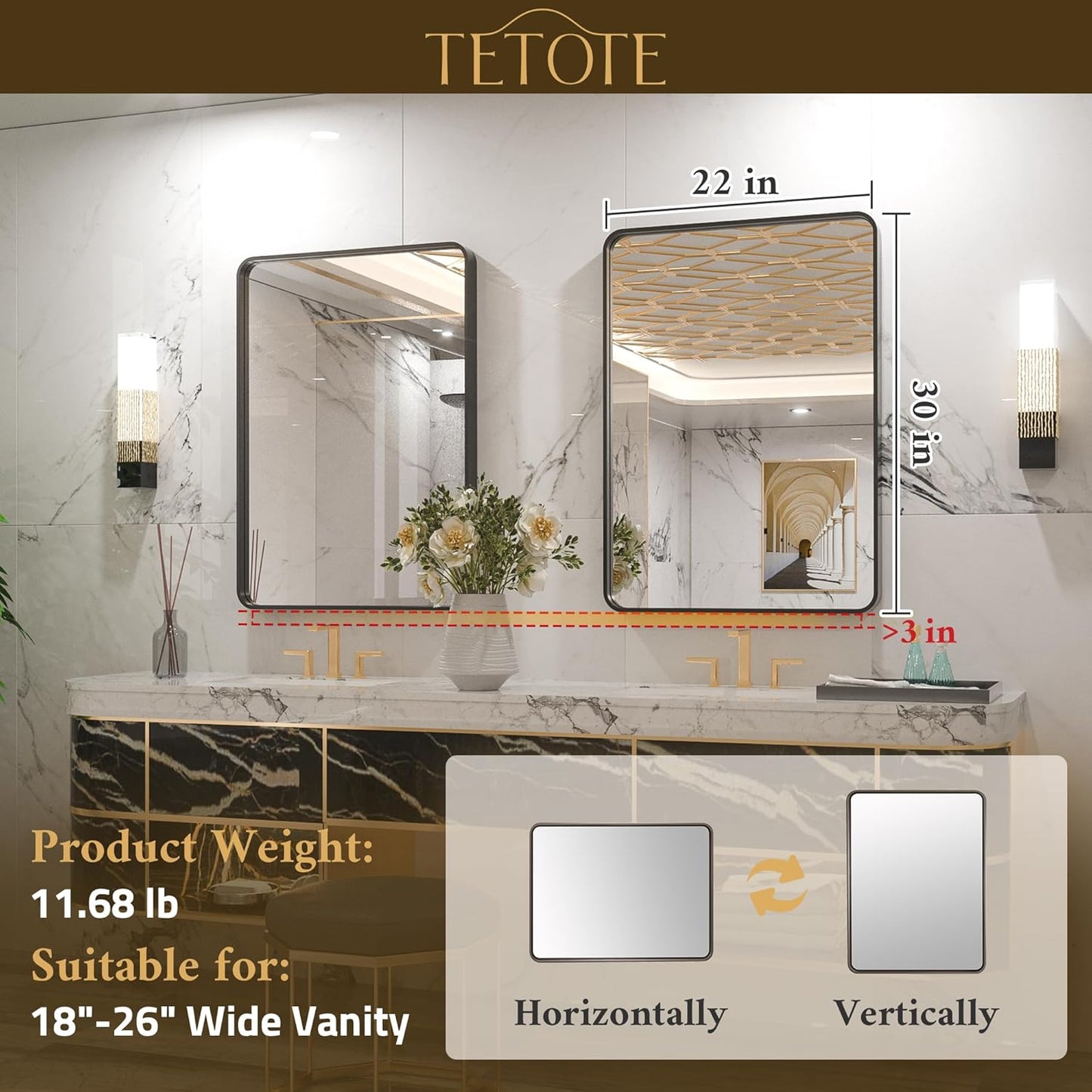 TETOTE 22 x 30 White Mirror for Bathroom Metal Frame Wall Mounted Rectangle Mirror for Vanity with Sandy Textured Surface(Horizontal/Vertical)