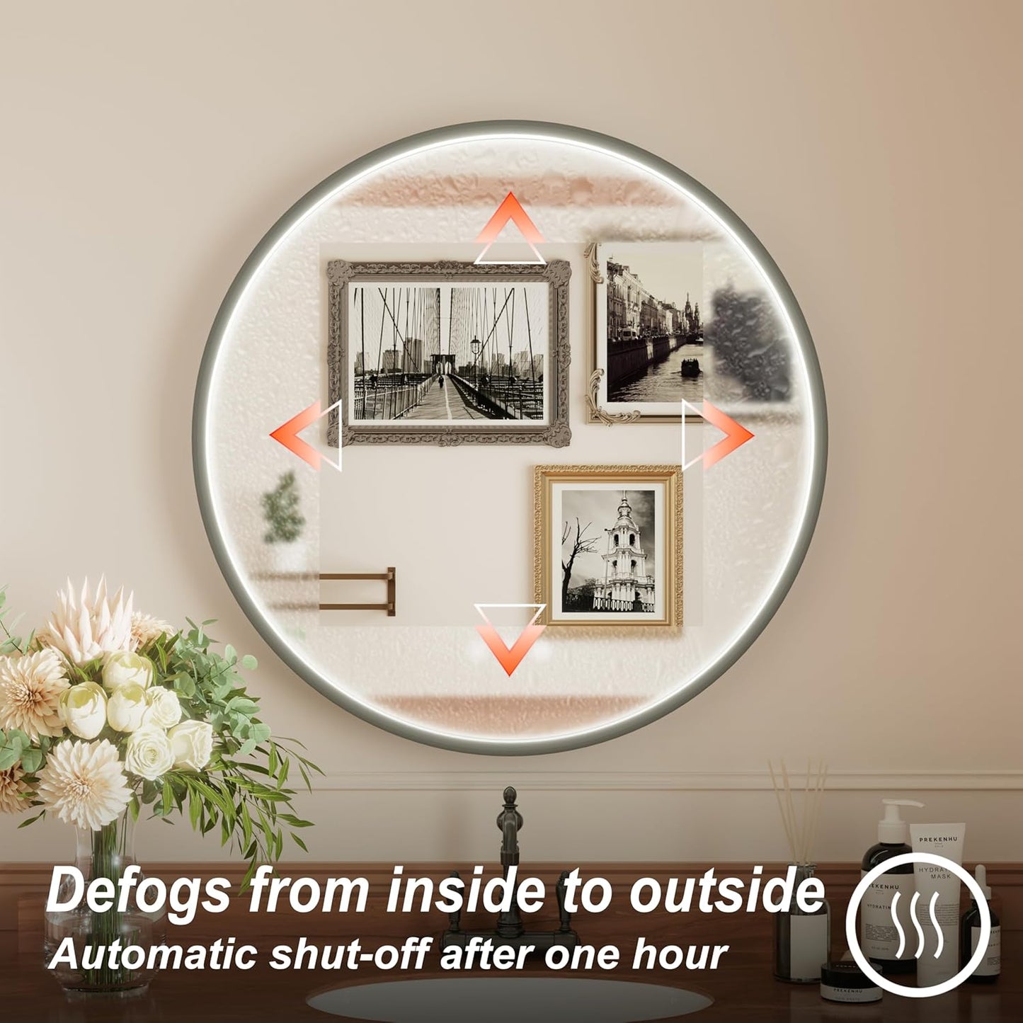 20-inch Round LED Bathroom Mirror with Bluetooth Speakers, Anti-Fog, Dimmable Lights & 3 Color Temperatures (3000K/4500K/6000K), Matte Black Aluminum Frame