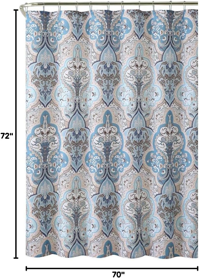 Decorative Blue & Brown Boho Fabric Shower Curtain, Modern Farmhouse for Vintage Rustic Bathroom Decor, Floral Victorian, 72 x 72