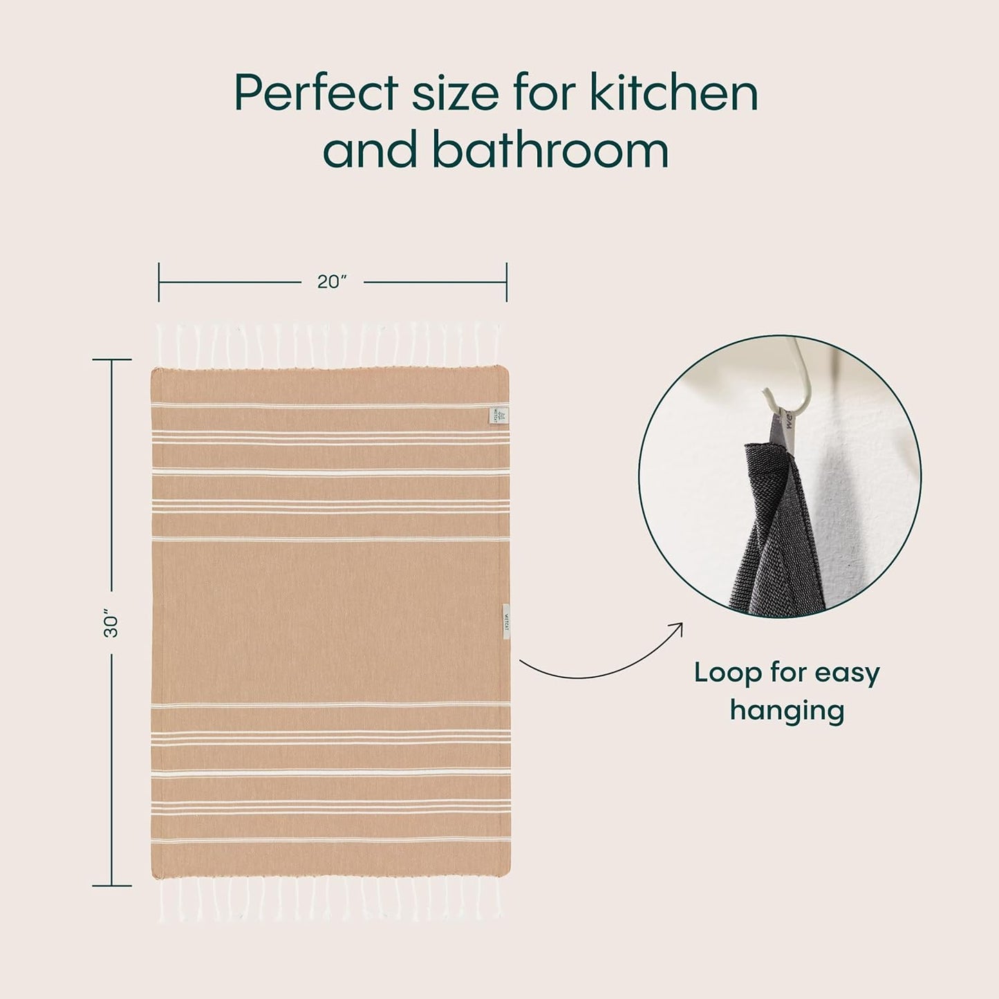 WETCAT Turkish Hand Towels with Hanging Loop, Set of 2 (20" x 30") 100% Turkish Cotton, Pre-Washed, Quick Drying, for Kitchen or Bathroom - Tawny Brown
