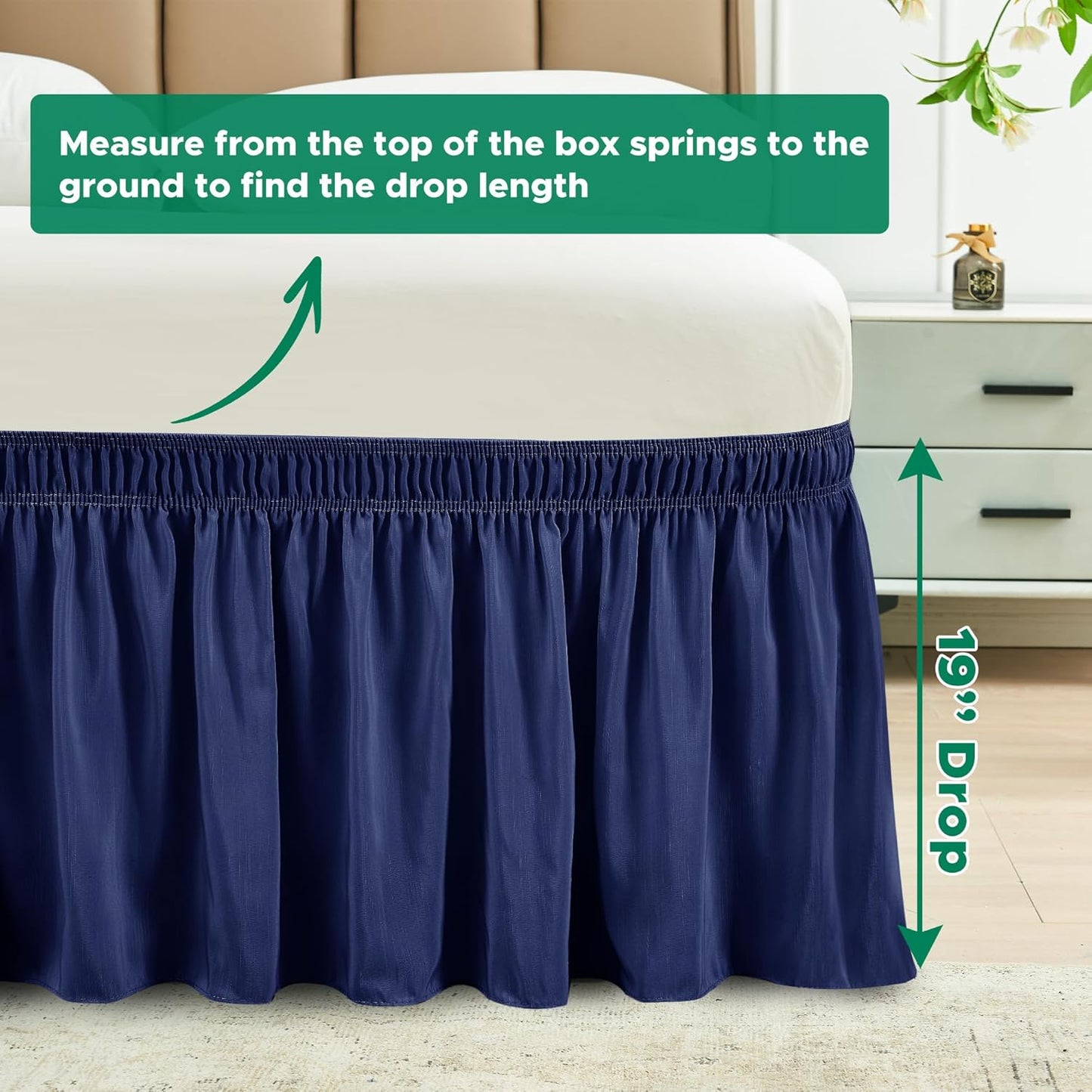 Biscaynebay Wrap Around Bed Skirts for Full & Full XL Beds 19" Long Drop, Navy Adjustable Elastic Dust Ruffles Easy Fit Wrinkle & Fade Resistant Silky Luxurious Fabric Solid Machine Washable