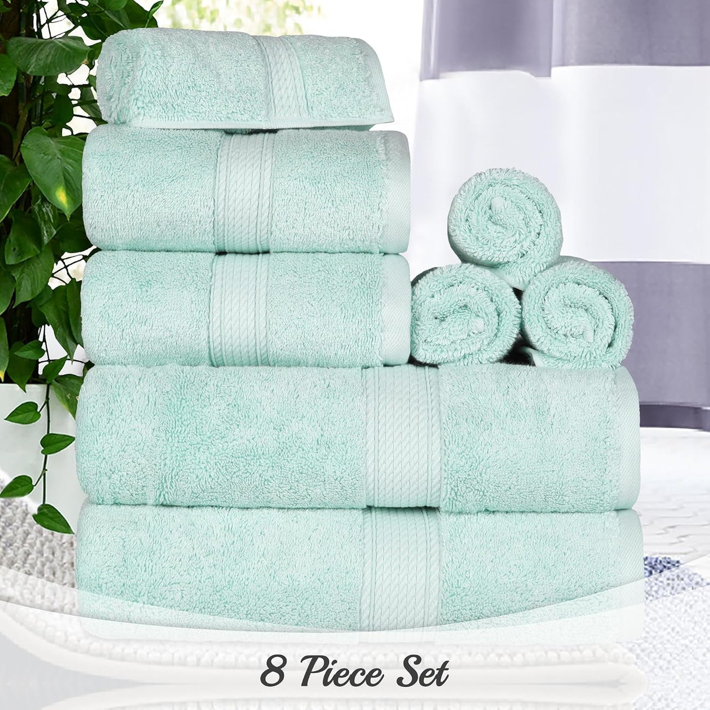Superior Egyptian Cotton Pile 8 Piece Towel Set, Includes 2 Bath, 2 Hand, 4 Face Towels/Washcloths, Ultra Soft Luxury Towels, Thick Plush Essentials, Guest Bath, Spa, Hotel Bathroom, Sea Foam