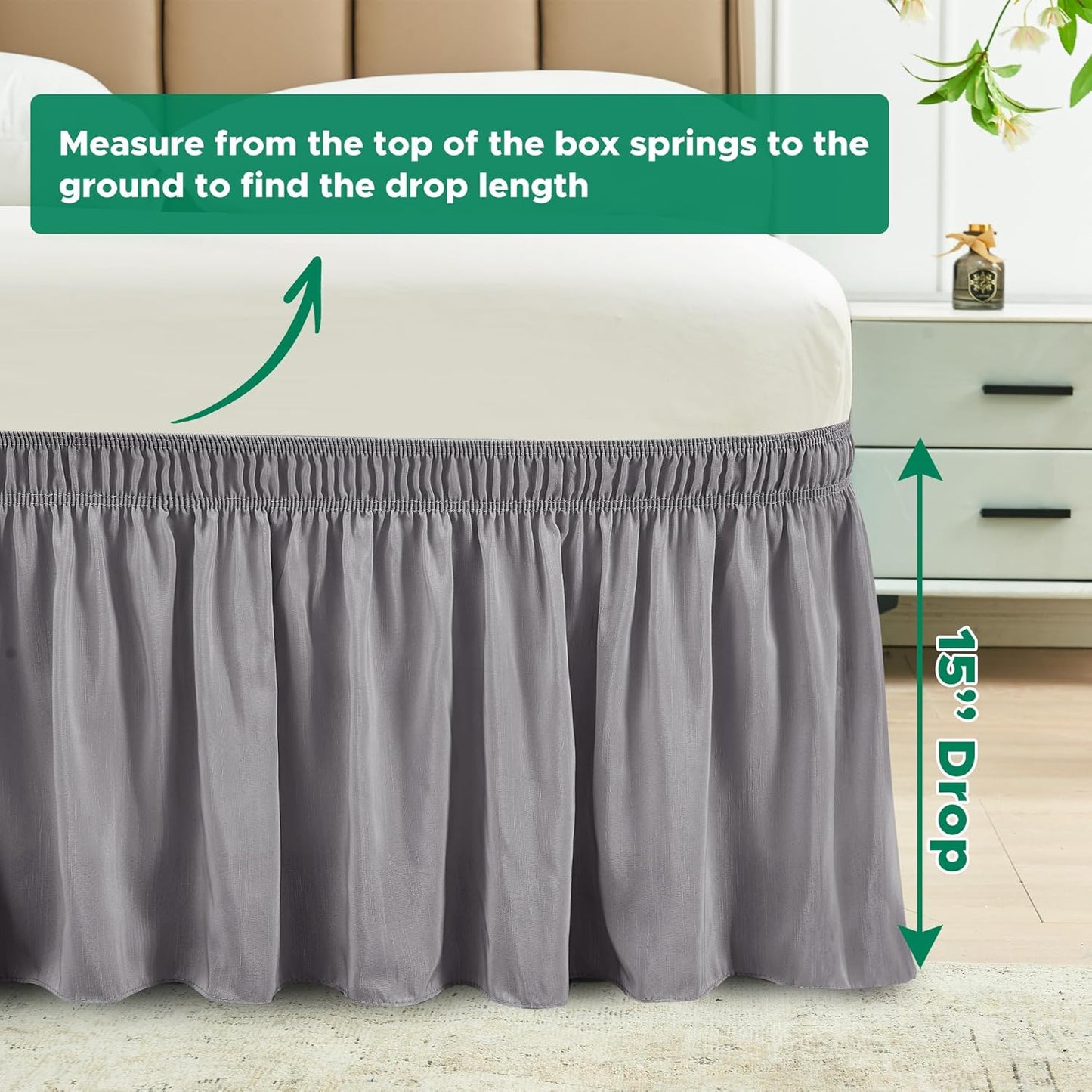 Biscaynebay Wrap Around Bed Skirts for Full & Full XL Beds 15" Drop, Silver Grey Adjustable Elastic Dust Ruffles Easy Fit Wrinkle & Fade Resistant Silky Luxurious Fabric Machine Washable