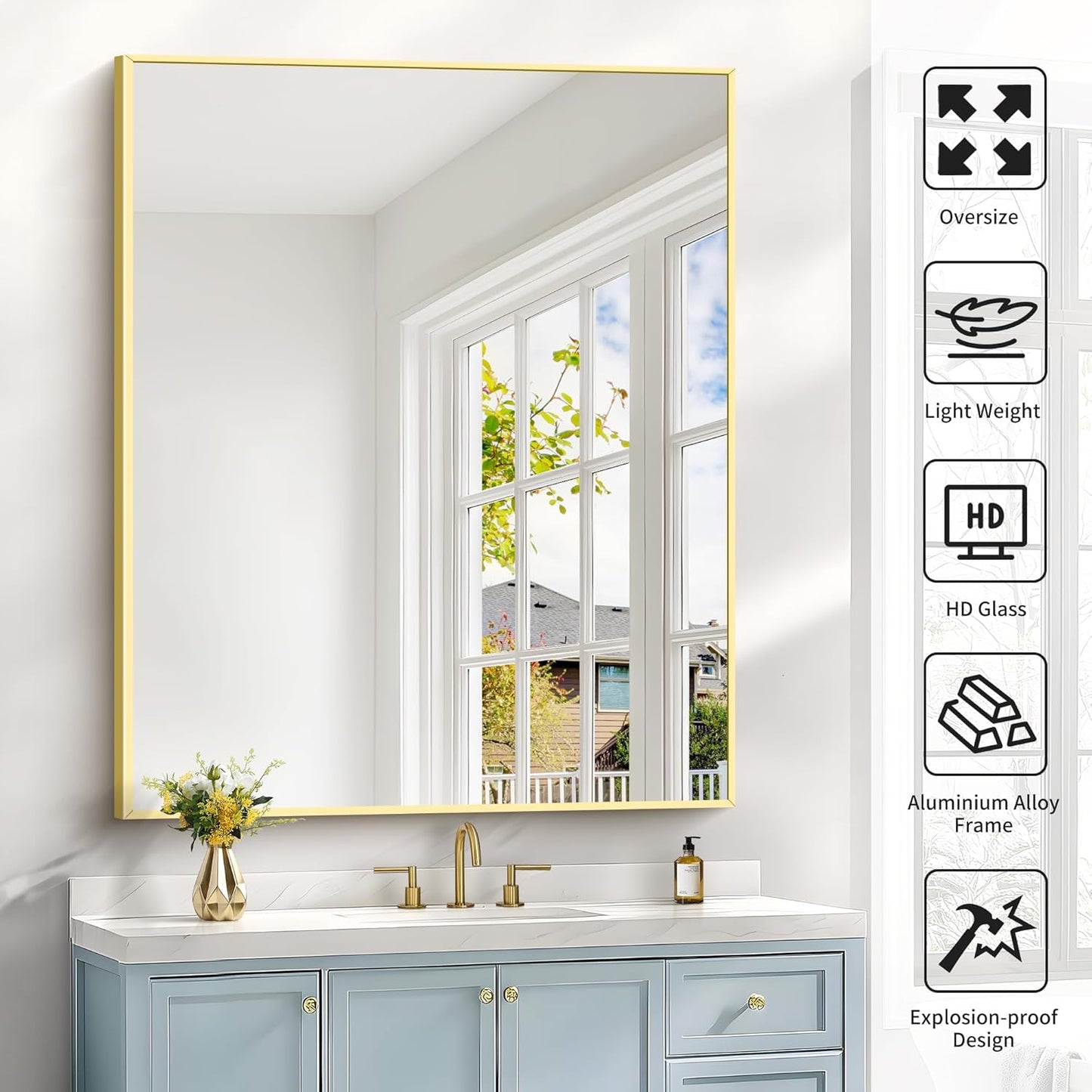 40x48inch Gold Bathroom Mirror, Silver Rectangle Mirror with Frame, Large Rectangular Wall Mirrors for Bathroom, Living Room, Hair Salon, Big Farmhouse Mirror Hang Horizontal/Vertical