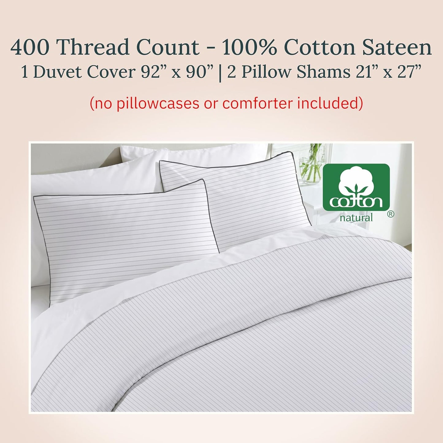 California Design Den 3-Pc 100% Cotton Striped Duvet Cover Set Queen Size, 400 Thread Count Smooth Sateen Weave, Printed Bedding Set with Button Closure and Corner Ties (Pinstripe, Full/Queen)