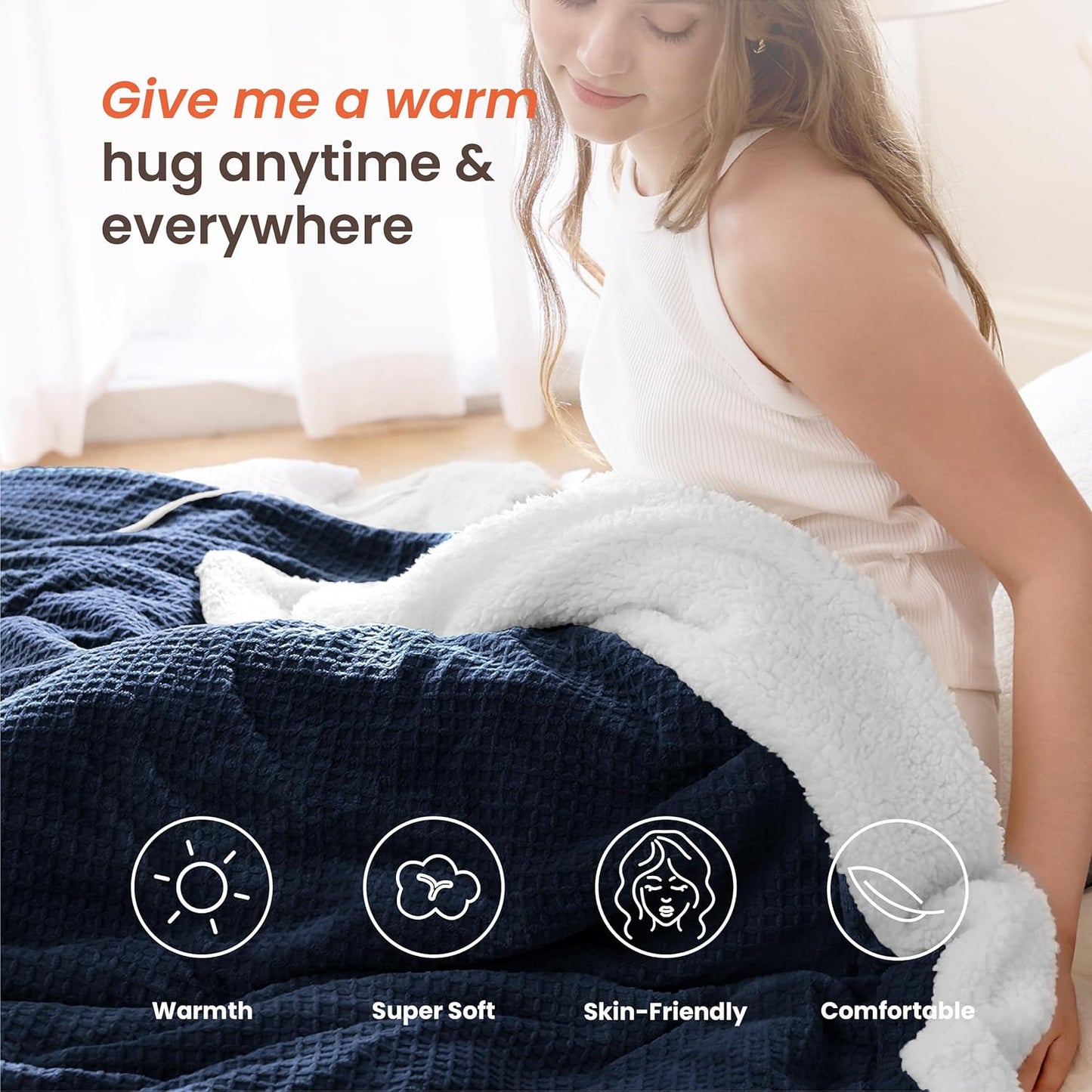 Heated Blanket Electric Blanket Full Waffle,72x84 Inches Sherpa Fleece Fast Heating Blanket 6 Heating Levels & 10 Hours Auto Off ETL Certification, Navy Full
