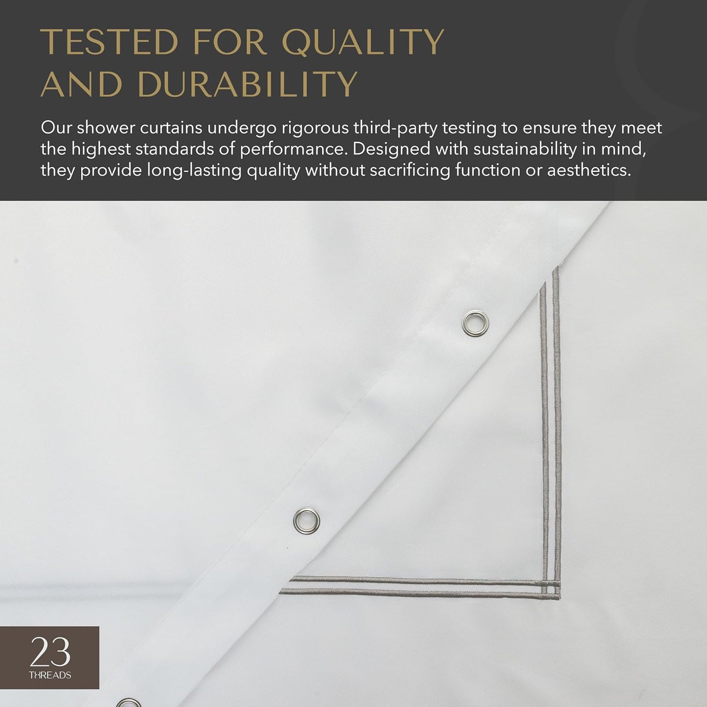 23 THREADS Fabric Shower Curtain for Bathroom, Water Resistant, Made from Sustainable Yarns, White, Luxury Embroidered