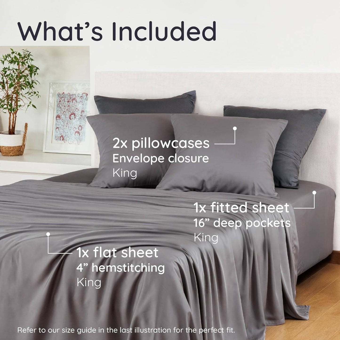 Bambaw King Sheets Set 4pcs, 100% Viscose Derived from Bamboo Sheets, King Size Cooling Sheets Set, Hotel Luxury Bed Sheets Set, Deep Pockets Fits Up to 16'' Mattresses, King Sheets Soft (Dark Gray)