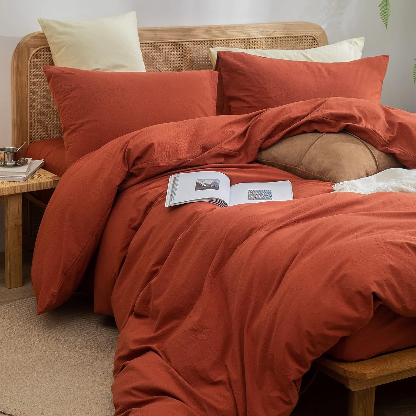BESTOUCH Duvet Cover Set 100% Washed Cotton Linen Feel Super Soft Comfortable Chic Lightweight 3 PCs Home Bedding Set Solid Burnt Brick Red Full/Double
