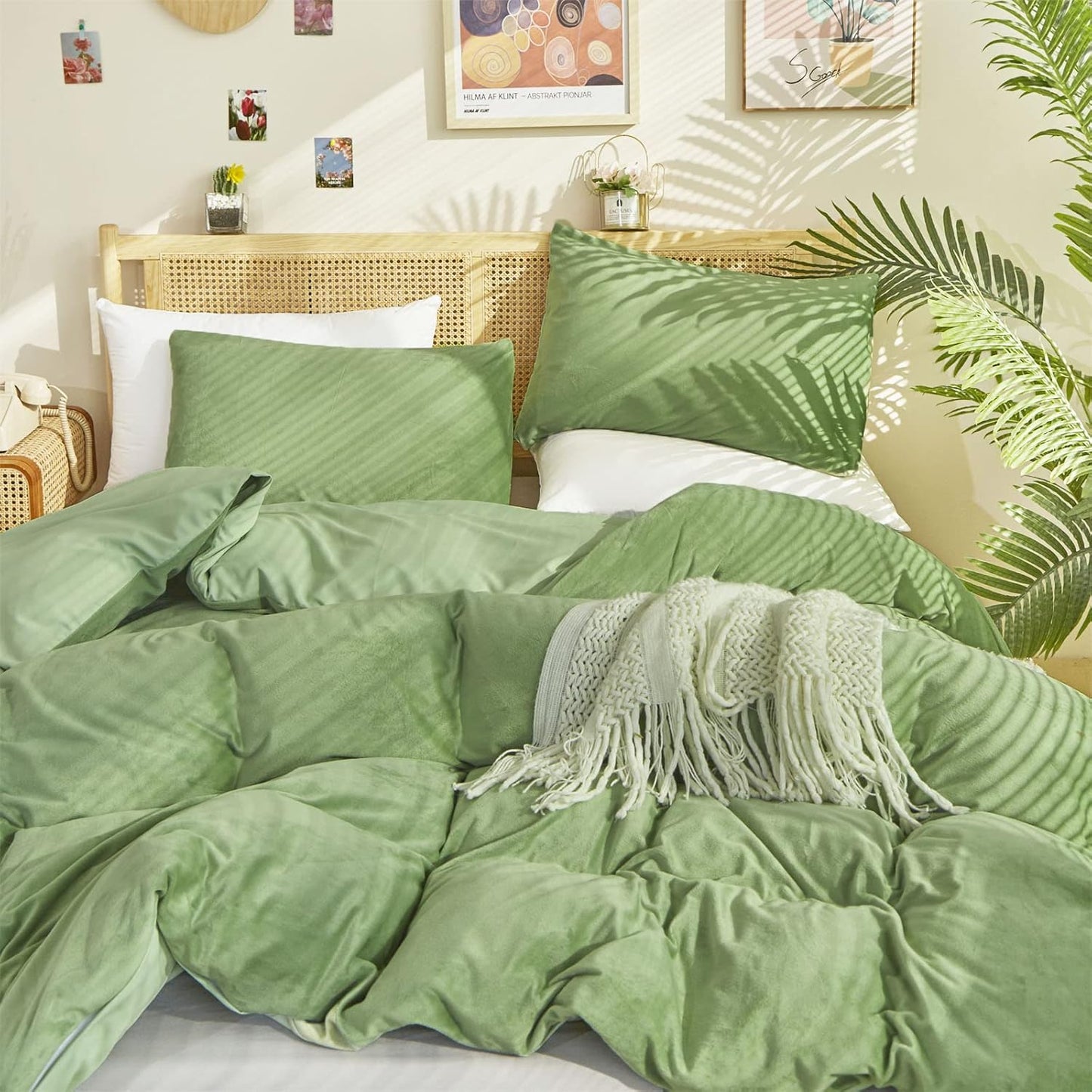 Cottonight Sage Velvet Fluffy Flannel Bedding - Twin Light Green Plush Comforter Set With Blanket & Quilts - Warm & Soft for Women & Men