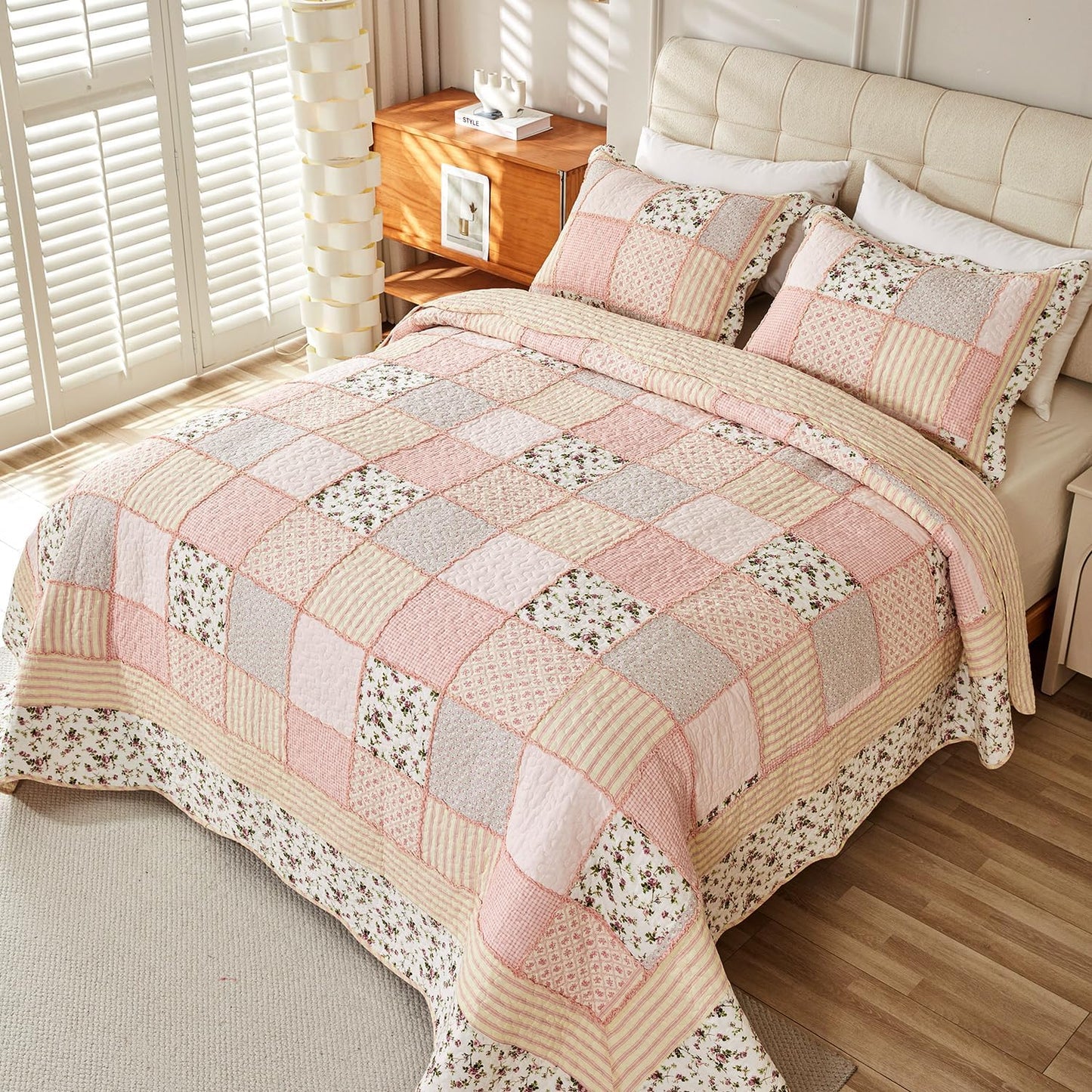 Cmfshape Floral Quilt Sets Bedspread Set 100% Cotton Patchwork Bedding Set, All Season Use Lightweight Reversible Coverlet Quilts with 2 Pillow Shams(Queen 92"x96")