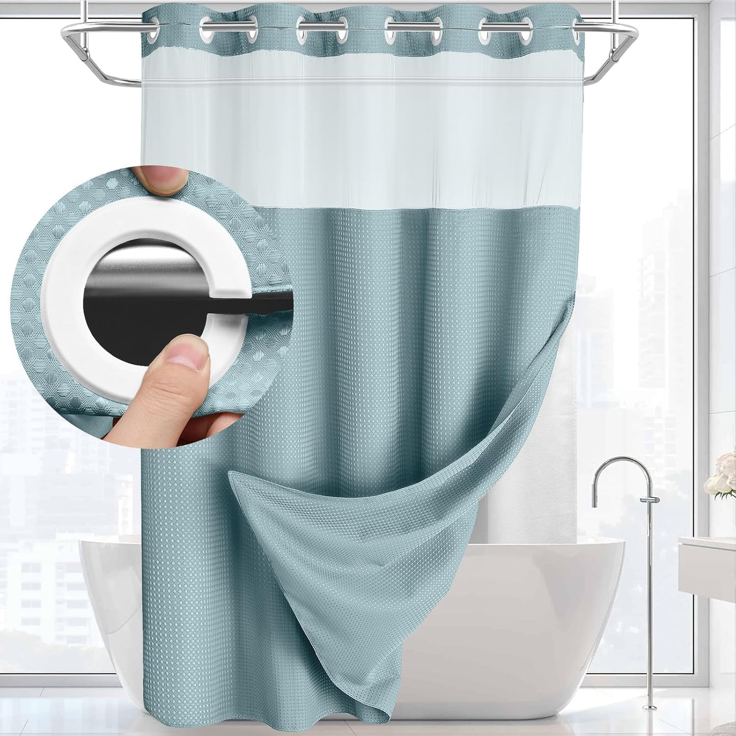 YellyHommy No Hook Shower Curtain with Snap in Liner Set Less Time Waffle Shower Curtain for Bathroom 75" L x 72" W Cyan