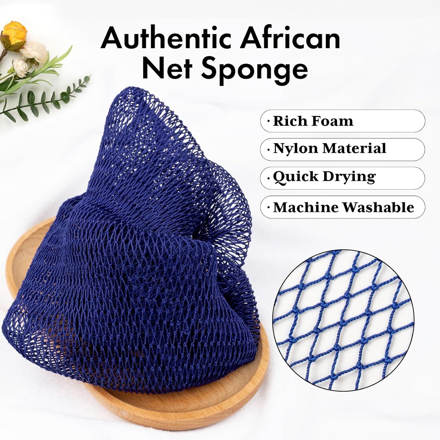 African Net Sponge Authentic 3 Pieces with Storage Bag, African Exfoliating Net Sponge Washcloth, Exfoliating Body Scrubber Bath Sponge Bathing Accessories (Blue & Black & Golden)