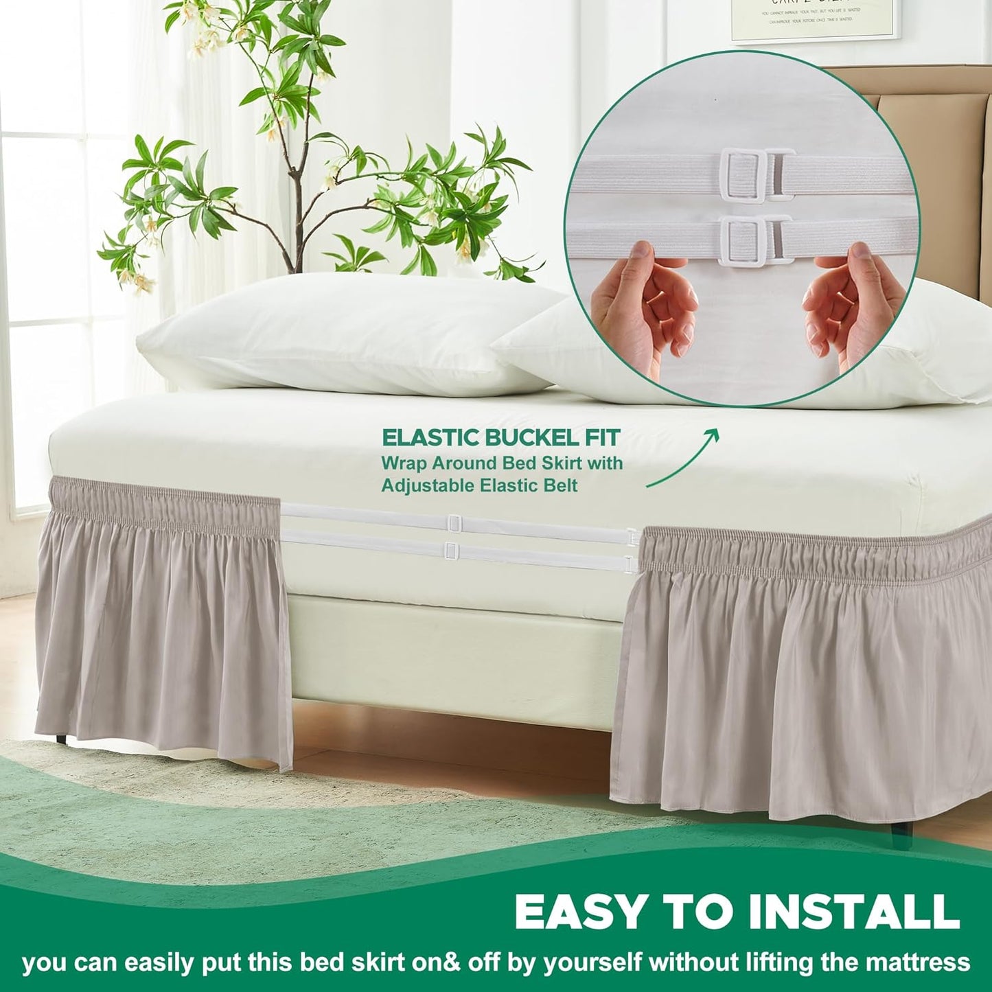 Biscaynebay Wrap Around Bed Skirts for Queen Beds with 18" Drop, Camel Grey Adjustable Elastic Dust Ruffles Easy Fit Wrinkle Resistant Silky Luxurious Fabric Machine Washable