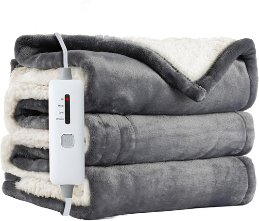 Electric Heated Blanket Throw 50"x60", Soft Flannel Sherpa Heating Throw with 4 Heat Settings, 3-Hour Auto Shut-Off Timer, Grey