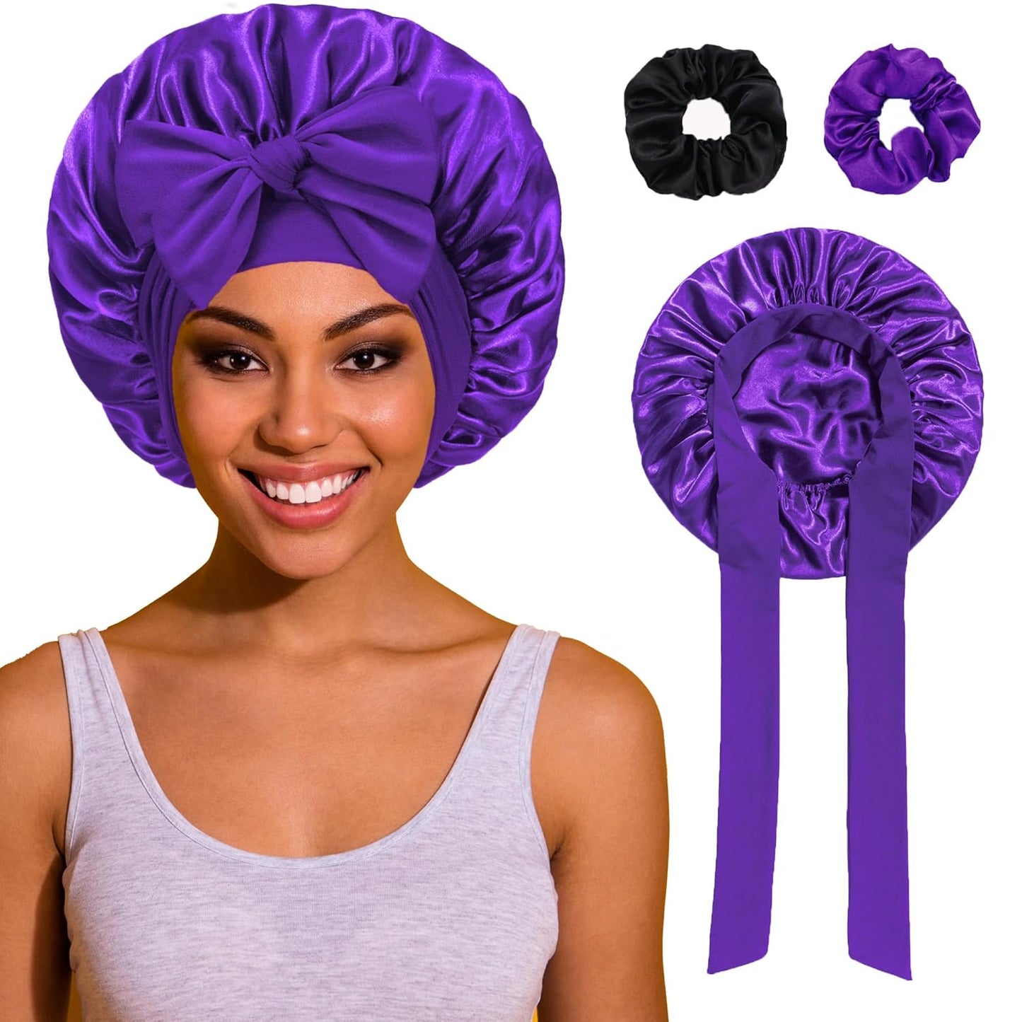 Bonnet with Tie Band, Satin Hair Silk Bonnet for Sleeping Women, Sleep Bonnets for Women, Double Layer Sleep Cap for Curly Hair Braids
