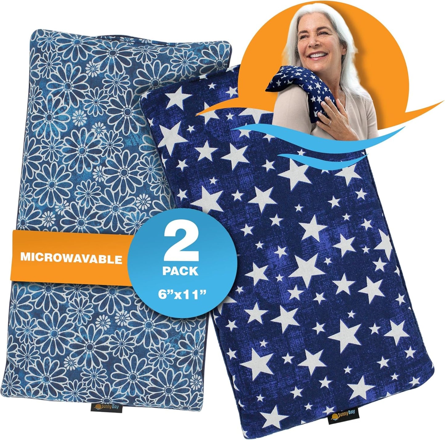 SunnyBay Small Microwave Heating Pad, Microwavable Versatile Cold/Heated Neck and Shoulder Wrap for Back Pain and More, Moist Heat Cotton-Fleece Pad, 6x11 Inches, Blue Star and Royal Flower, Pack of 2