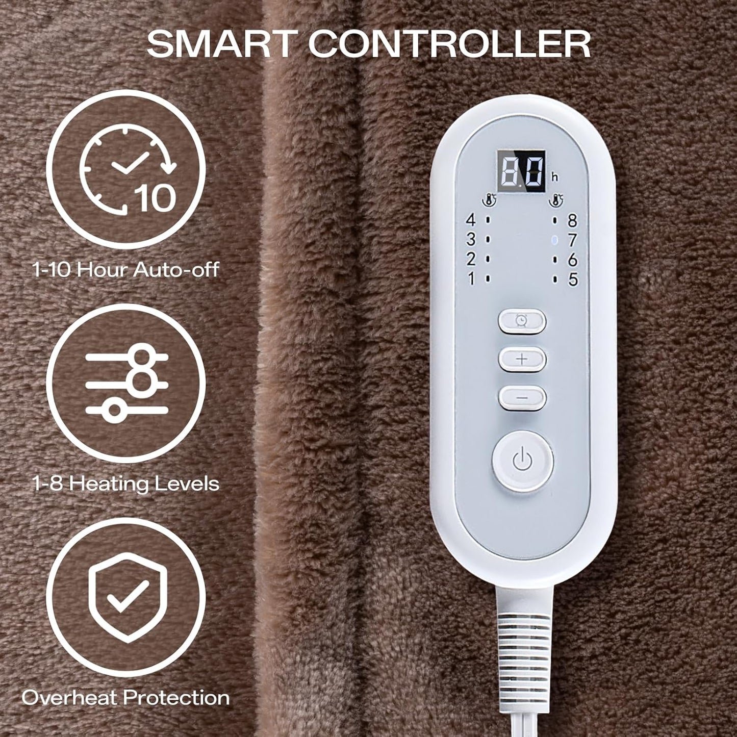 Heated Blanket Twin Size, Electric Blanket with 1-10 hrs Timer Auto-Off & 8 Heating Levels, Double-Layer Flannel Heating Blanket with ETL Certification, Machine Washable (62”x 84”, Brown)