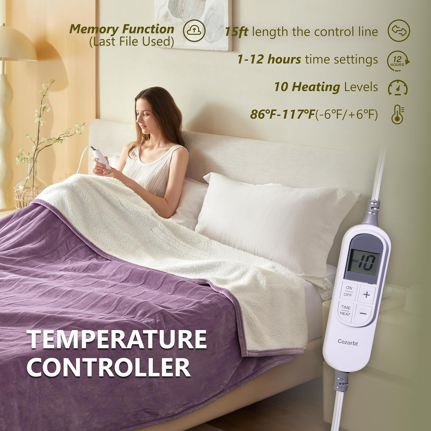 Heat Blanket 72”x84” Full Size,Soft Flannel & Sherpa Reversible Electric Blanket with 10 Heat Settings,12 Timer Setting and 8 Hours Auto-Shut Off,ETL Certified Machine Washable,Purple