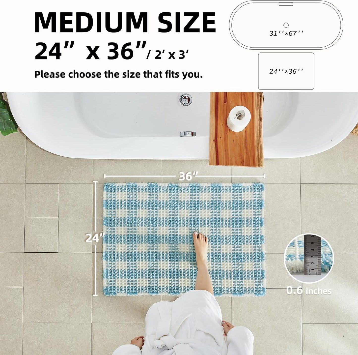 Waffle Bath Mat, Boho Bathroom Rugs Non Slip Washable Absorbent Checkered Bathroom Mat Quick Dry Cute Bath Mat, 36"x24" Blue and White