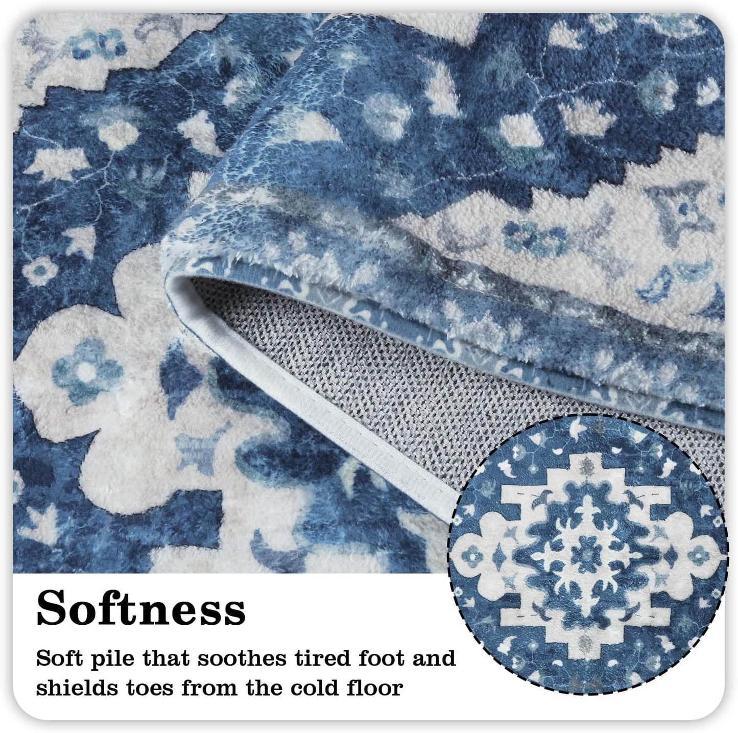 Uphome Vintage Bathroom Runner Blue Boho Non-Slip Long Bath Mat Oriental Soft Machine Washable Bedroom Rug Traditional Tribal Floral Floor Carpet for Kitchen Hallway Kids Room, 24x59 inch