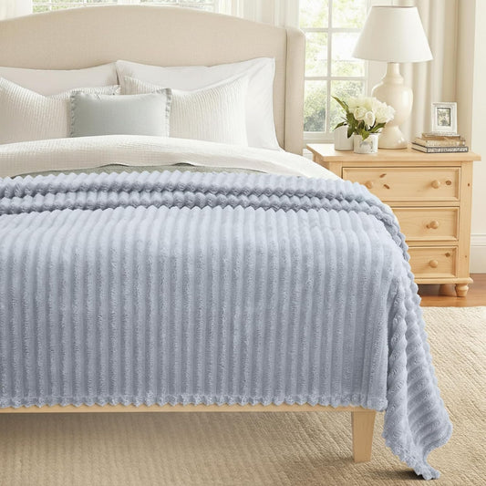 decorUhome Christmas Soft Fleece Light Grey Blanket King Size for Bed, Cozy Fluffy Plush Flannel Large Striped Throws for Couch Sofa, Lightweight Decorative Fuzzy Blanket for Woman, 108x90 Inches