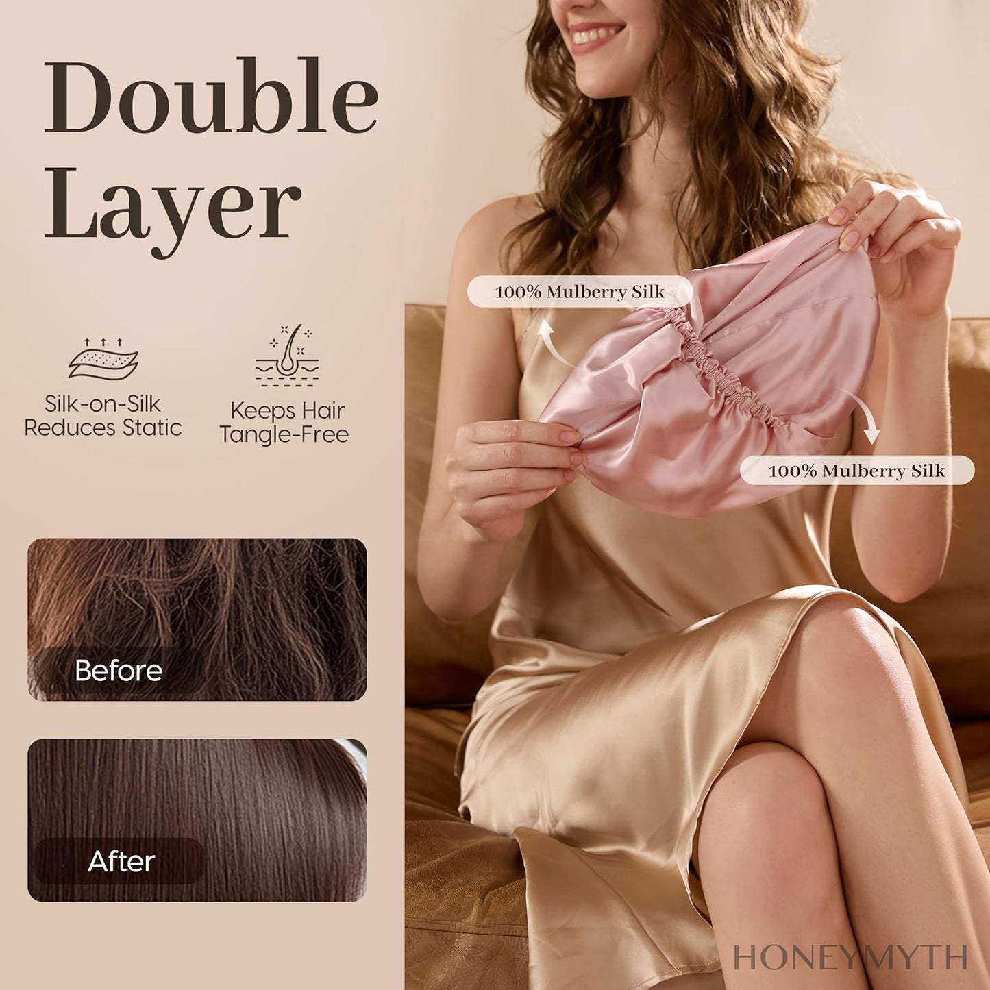 100% Mulberry Silk Bonnet, 22 Momme Adjustable Double-Layer Hair Bonnet for Sleeping Women, Soft Sleep Cap for Curly Hair & Anti-Frizz Protection Pink