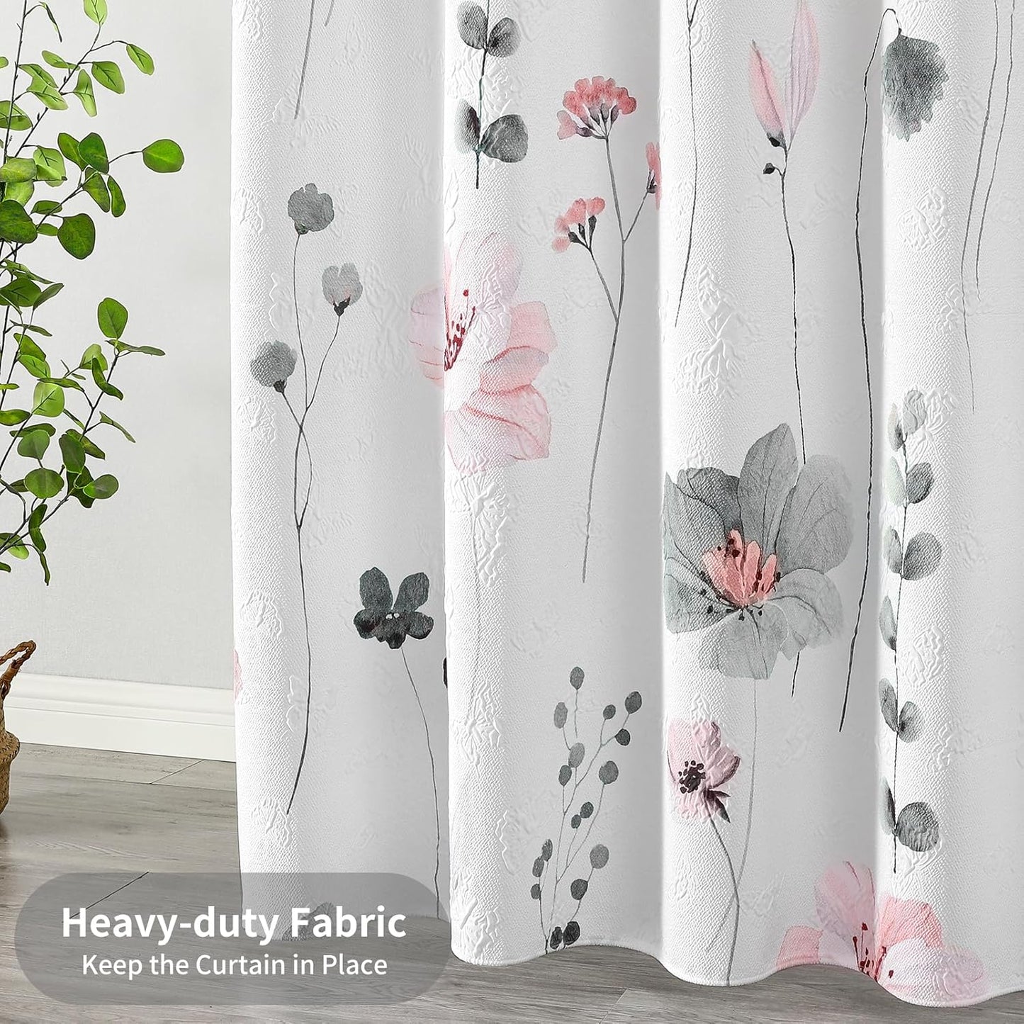 QiyI Watercolor Floral Shower Curtain, 3D Embossed Butterflies Grey Pink Flower Bathroom Curtain, Minimalist White Cloth Bath Curtain, Waterproof Fabric Textured Shower Curtain Set with Hooks, 72x72