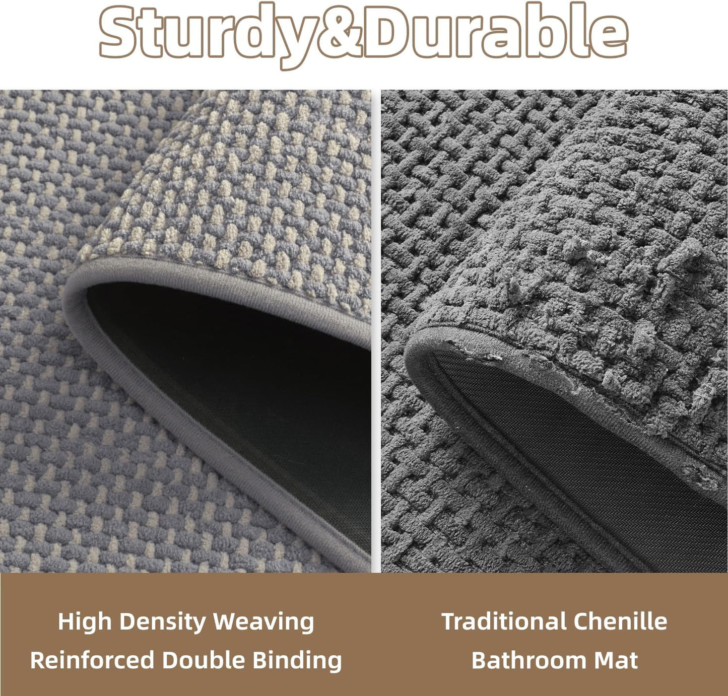 PADOOR-Bath Mat-Super Absorbent Chenille Bathroom Mats-Rubber Backed Bath Mats for Bathroom Non Slip, Easy Clean Bathroom Rugs Front of Bathtub,Shower Room,Sink-17×28, Grey&Beige