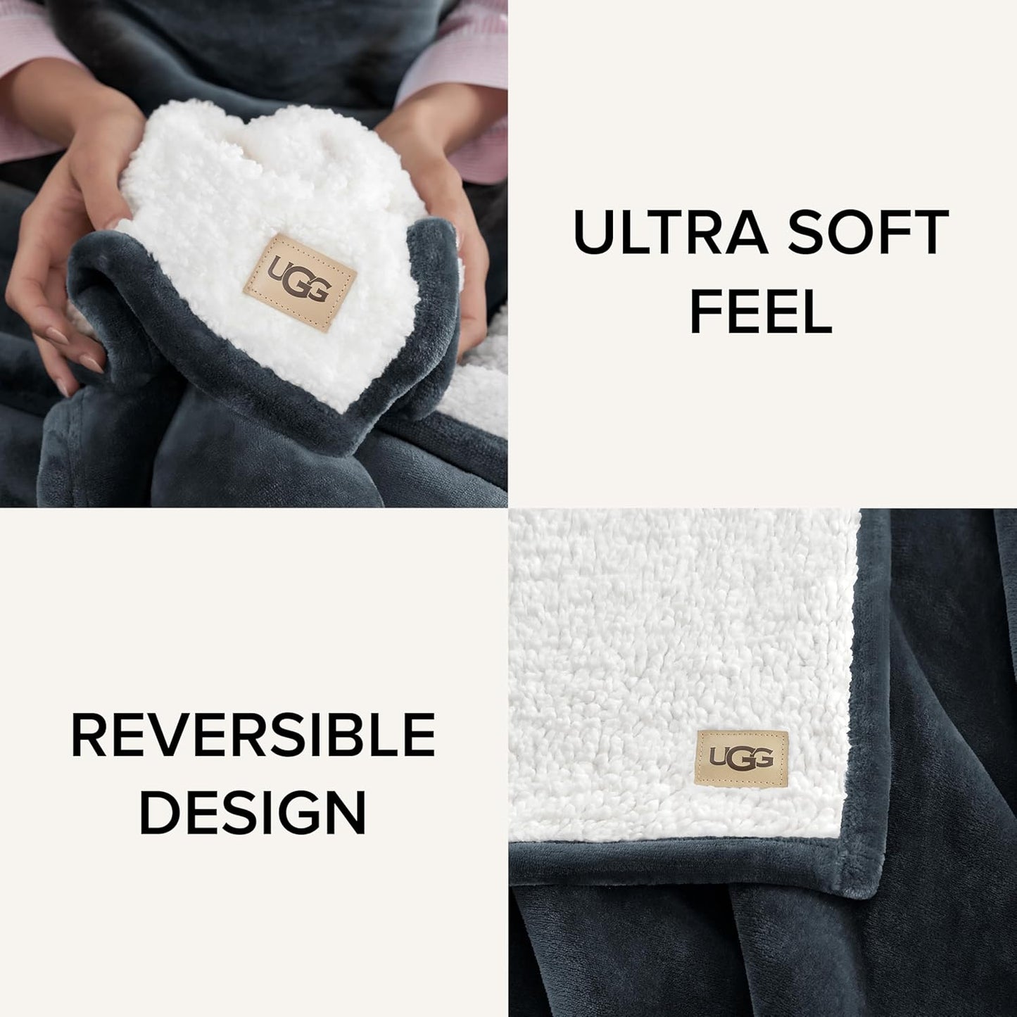 UGG Ariana Full/Queen Blanket Fleece Fluffy Reversible Soft Fuzzy Bedding Cozy Plush Warm Oversized Blanket Machine Washable Bedroom Decor for Big Couch or Bed, 90-inch x 90-inch, Charcoal Grey