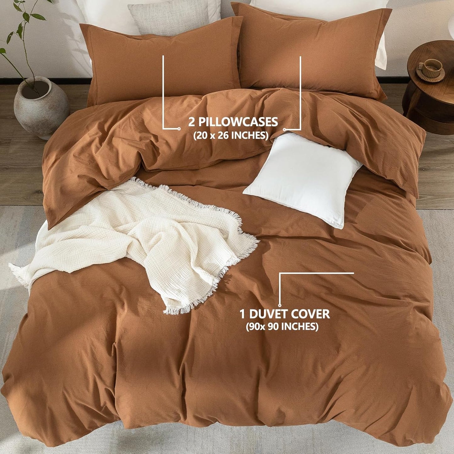 100% Washed Cotton Dark Orange Duvet Cover Queen Size Bedding Set Cover 1 Duvet Cover with Zipper Closure and 2 Pillowcases, 90inch x 90inch