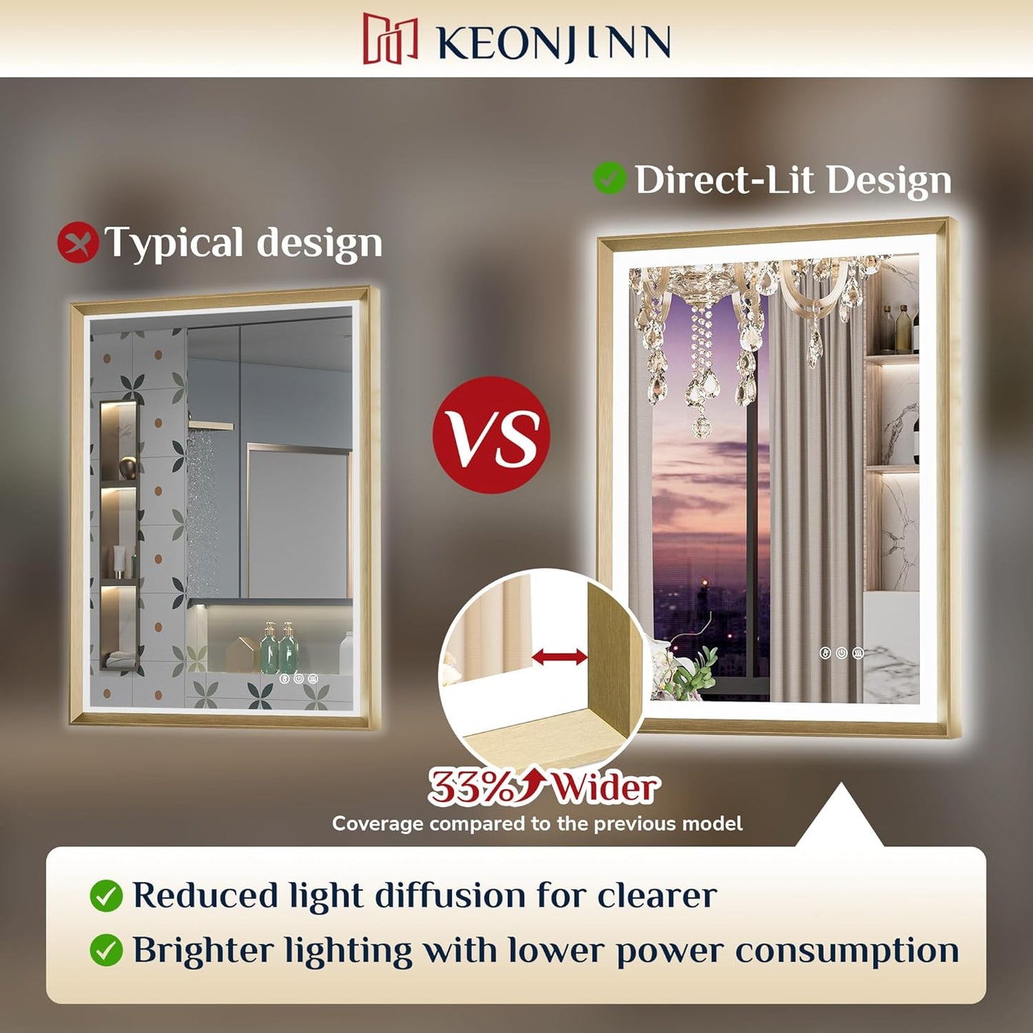 Keonjinn Gold LED Bathroom Mirror 40 x 24 Inch with Frontlit & Backlit, Lighted Mirrors Metal Framed for Wall, Stepless 3 Colors Lights, Anti Fog, Tempered Glass, Brighter and No Dark Corner